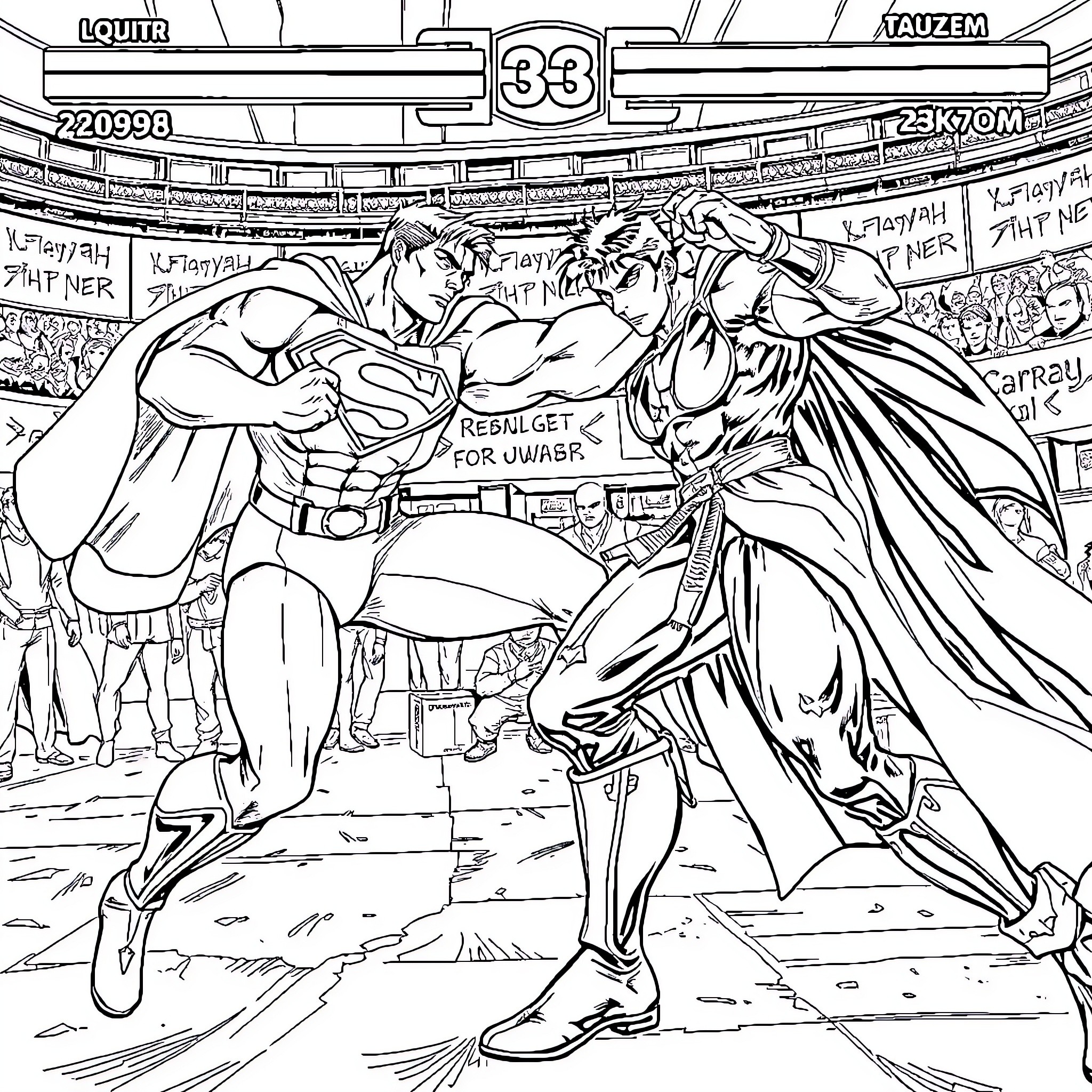 Superman and Batman facing off in an intense fight Coloring Page (free black-and-white line drawing printable PDF for all, from beginners to advanced learners, including children, teens, adults, and seniors)