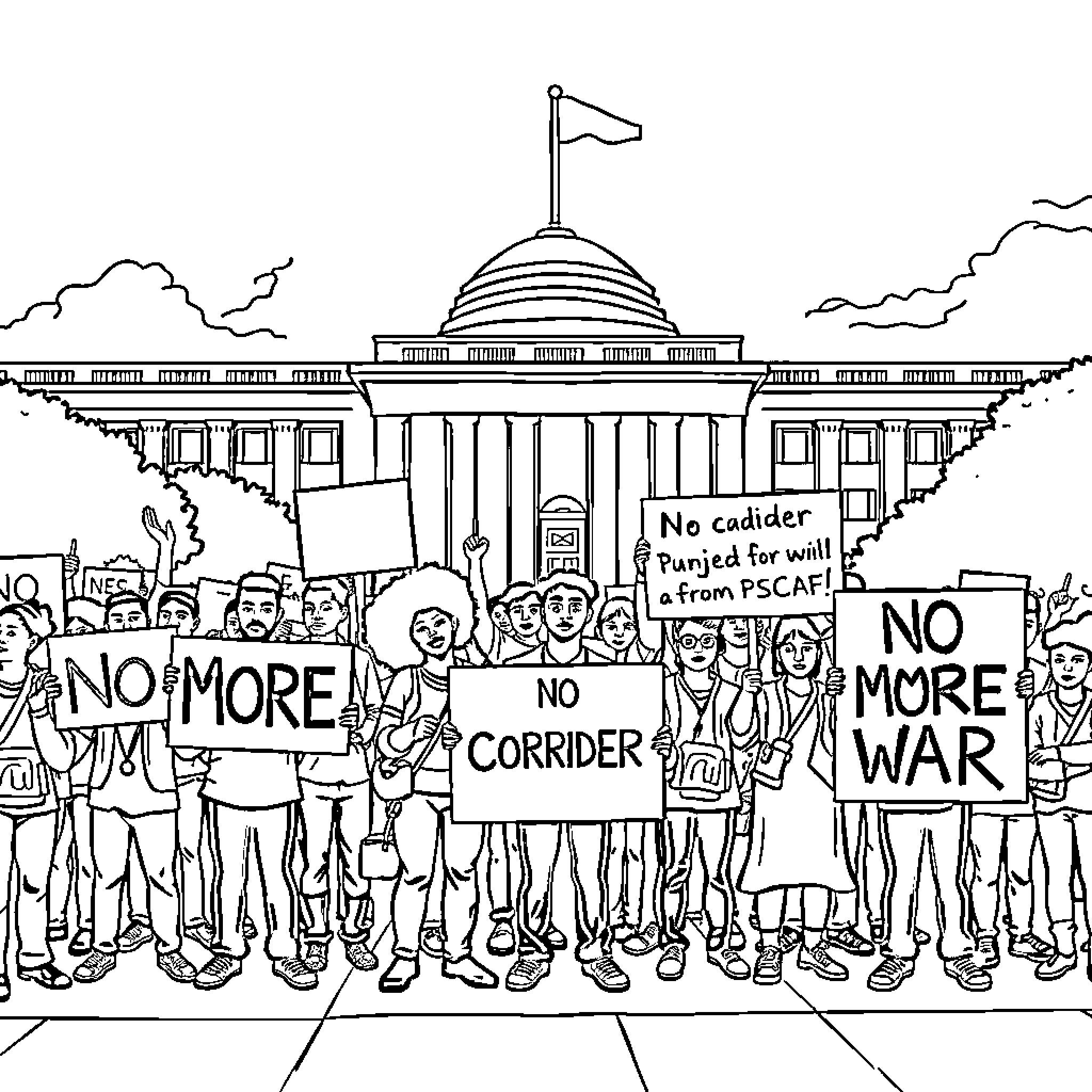 Protest against war and injustice outside government building Coloring Page (free black-and-white line drawing printable PDF for all, from beginners to advanced learners, including children, teens, adults, and seniors)