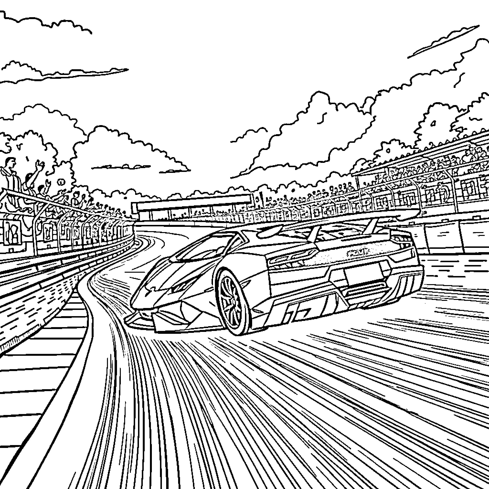 Lamborghini supercar speeding on racetrack Coloring Page (free black-and-white line drawing printable PDF for all, from beginners to advanced learners, including children, teens, adults, and seniors)