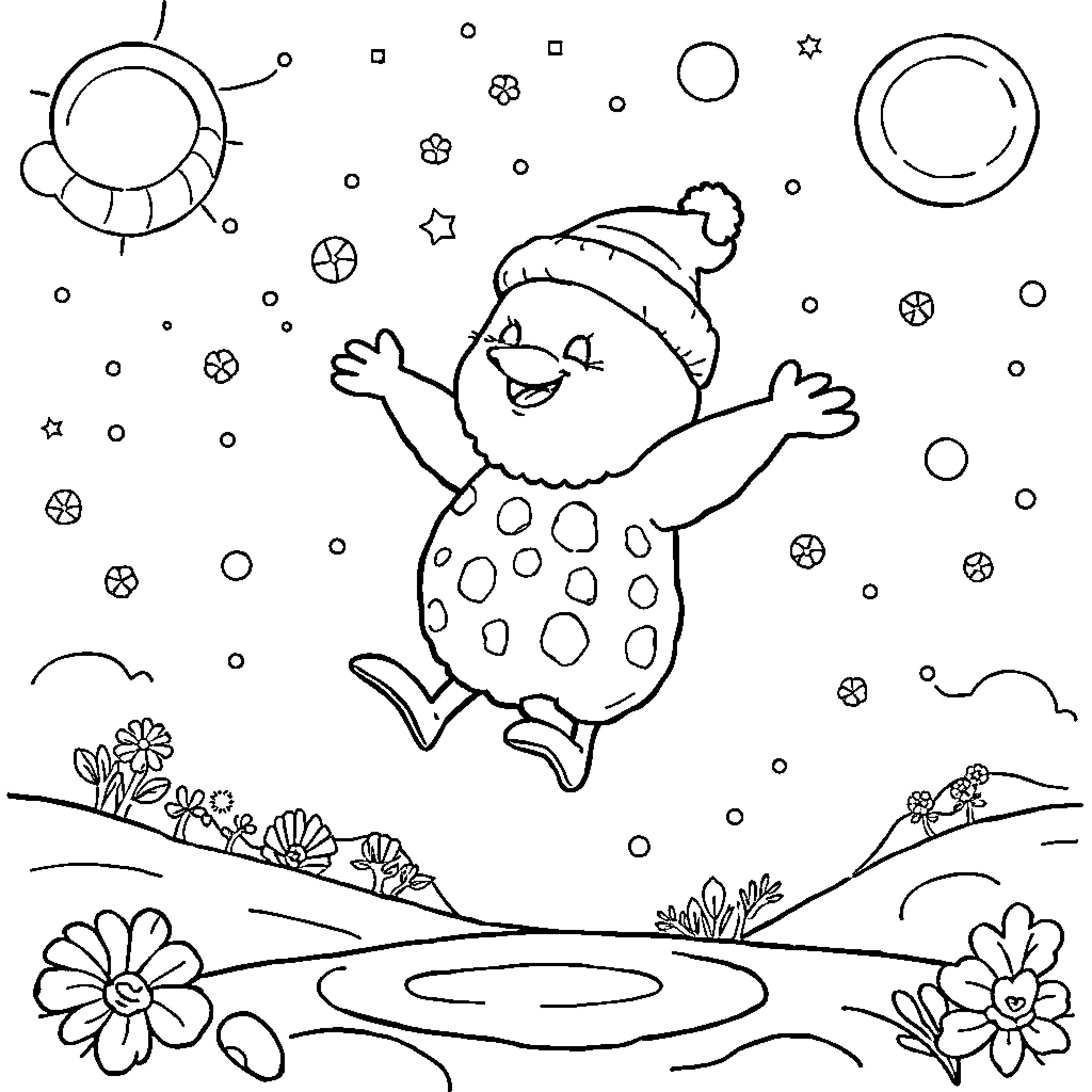 Gocu's Joyful Winter Frolic Coloring Page (free black-and-white line drawing printable PDF for all, from beginners to advanced learners, including children, teens, adults, and seniors)