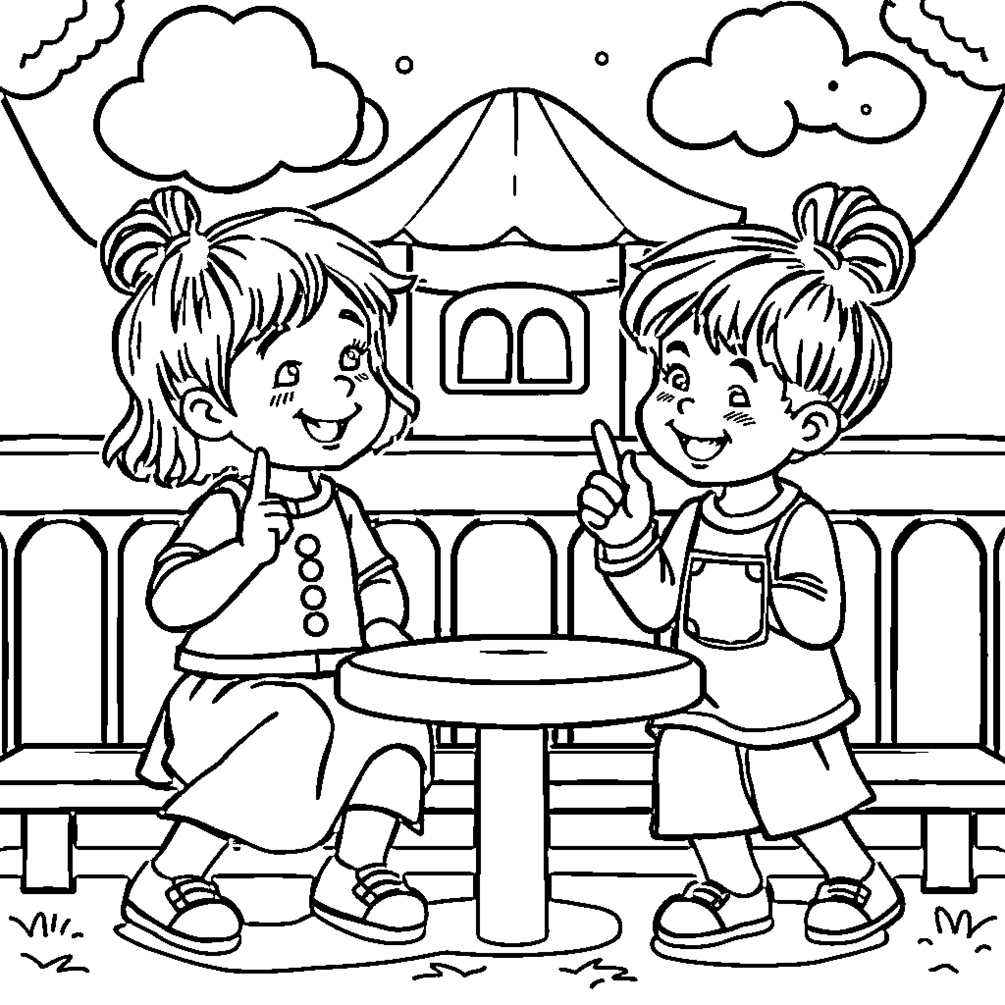 Child playing happily at the playground Coloring Page (free black-and-white line drawing printable PDF for all, from beginners to advanced learners, including children, teens, adults, and seniors)