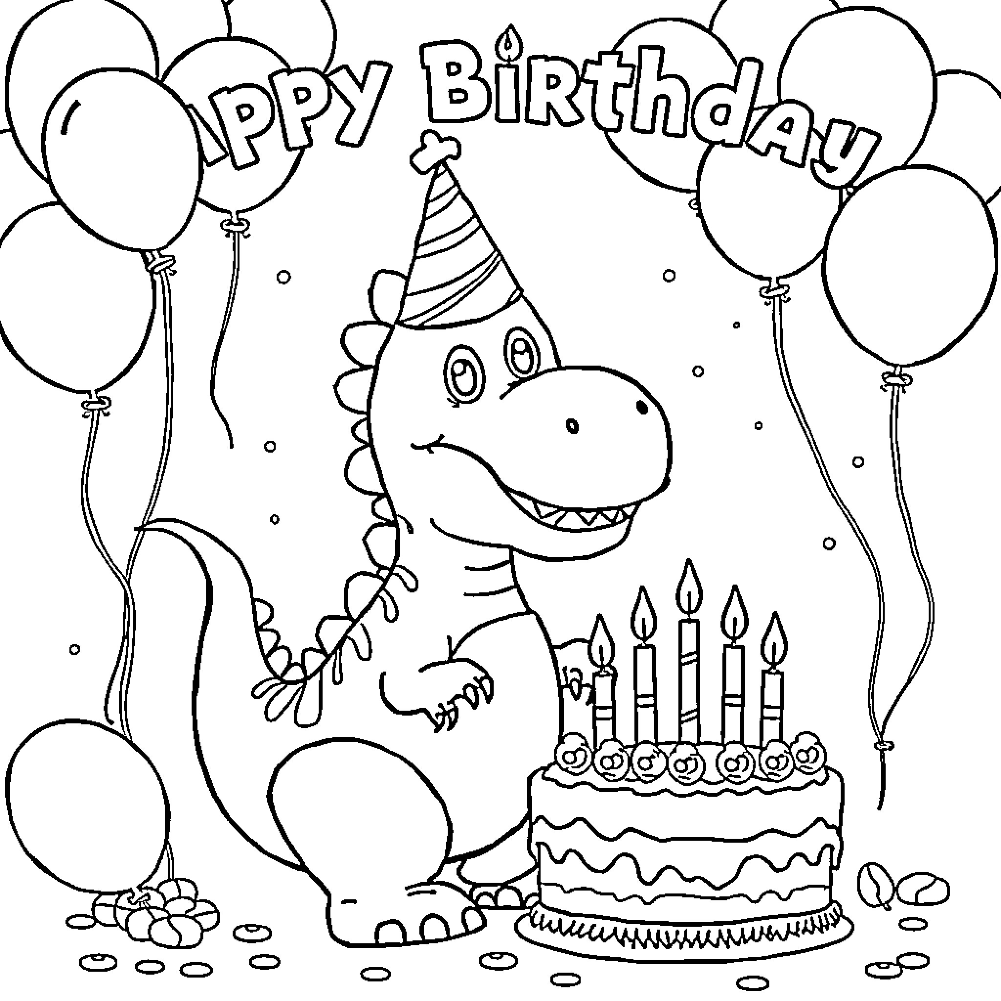 Dinosaur celebrating a happy birthday party Coloring Page (free black-and-white line drawing printable PDF for all, from beginners to advanced learners, including children, teens, adults, and seniors)