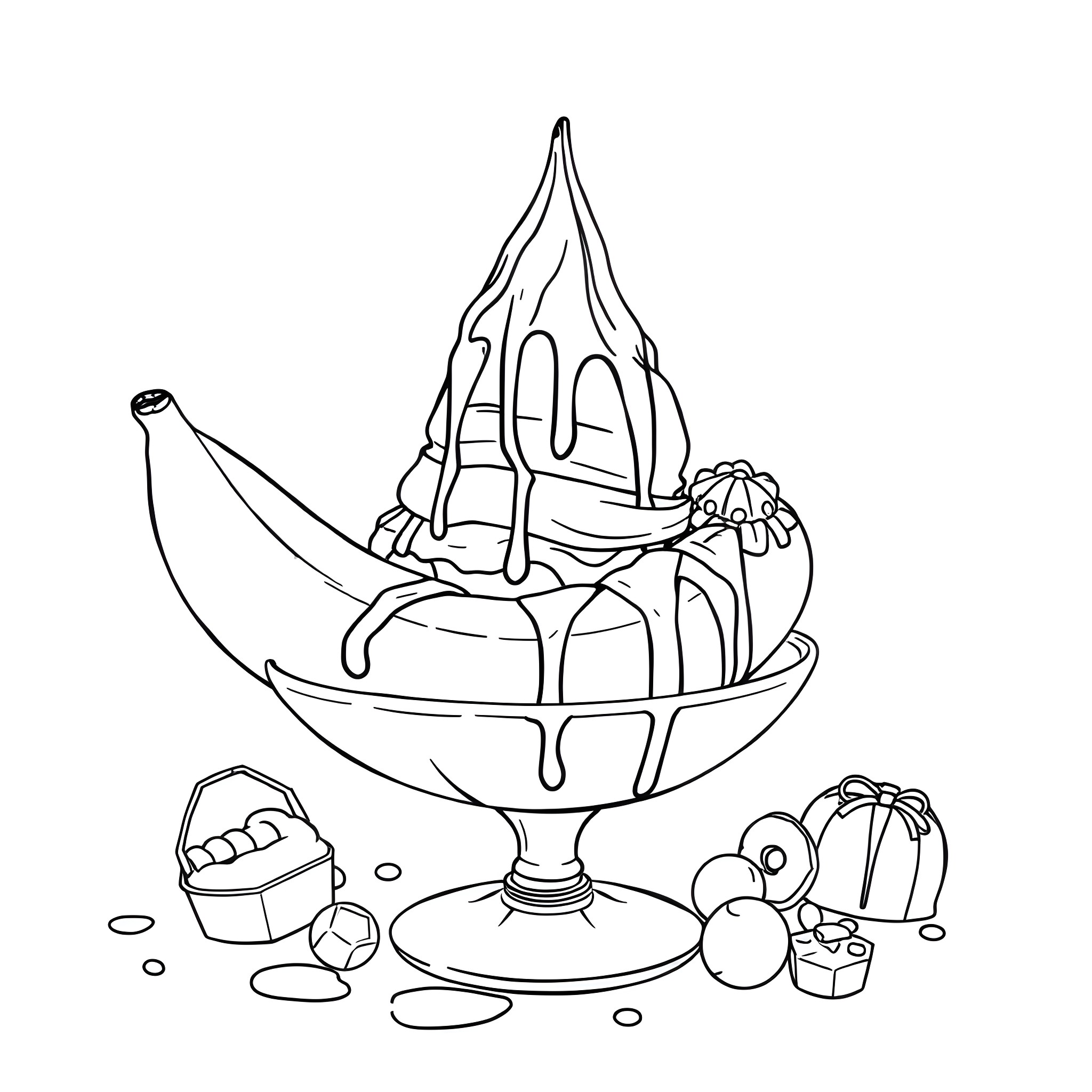 Banana split with dessert toppings and treats Coloring Page (free black-and-white line drawing printable PDF for all, from beginners to advanced learners, including children, teens, adults, and seniors)