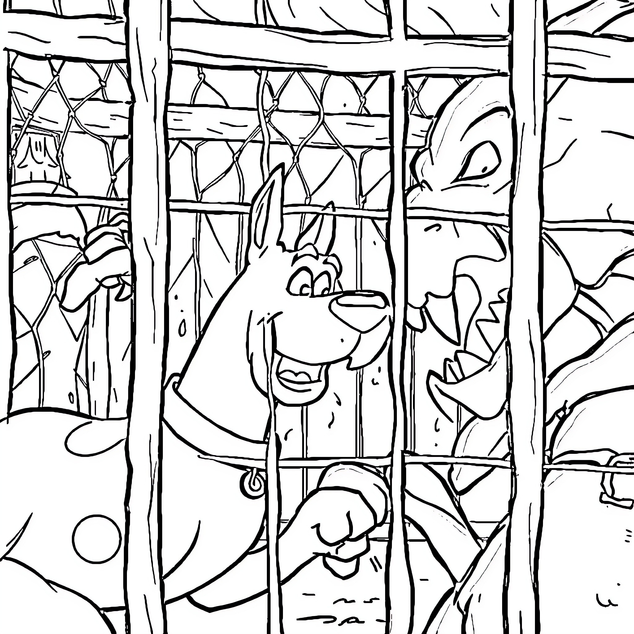 Scooby Doo exploring a mysterious forest Coloring Page (free black-and-white line drawing printable PDF for all, from beginners to advanced learners, including children, teens, adults, and seniors)