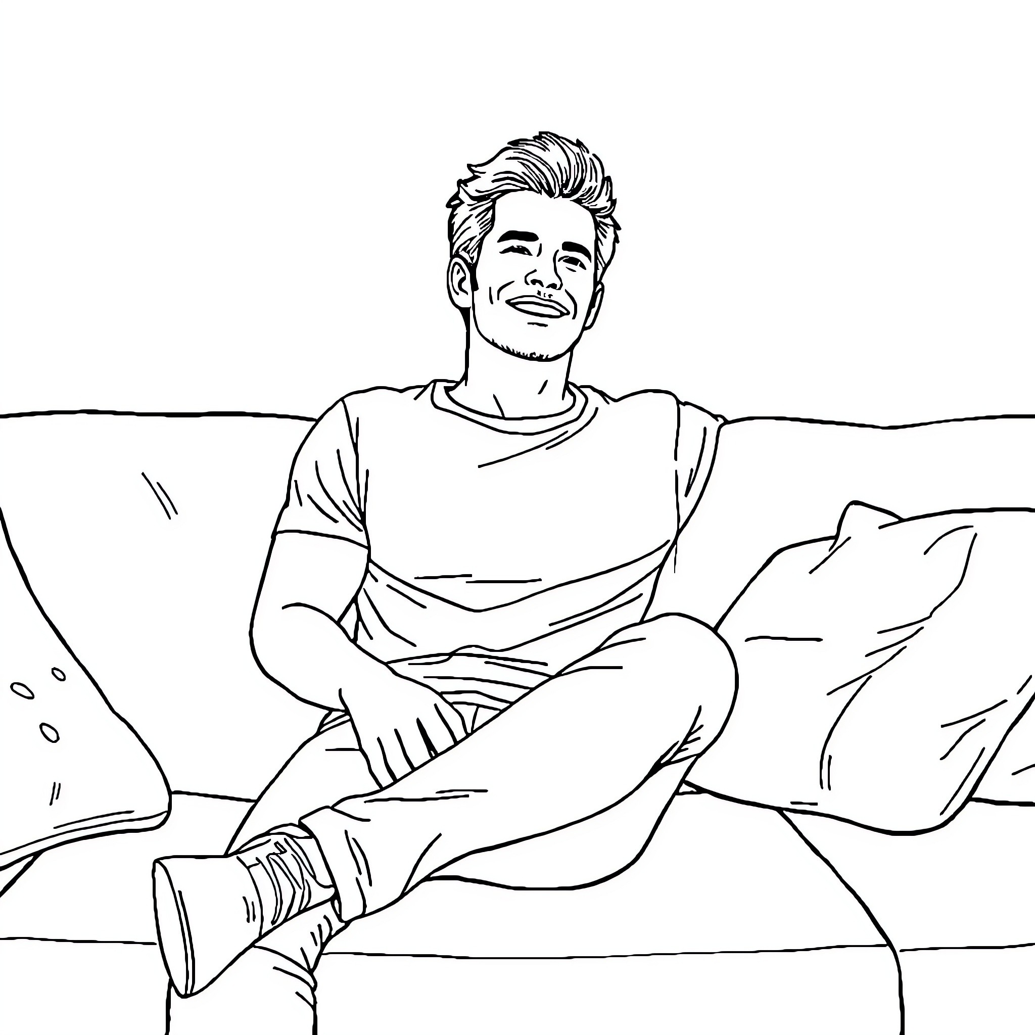 Pedro Pascal relaxing in a peaceful setting Coloring Page (free black-and-white line drawing printable PDF for all, from beginners to advanced learners, including children, teens, adults, and seniors)