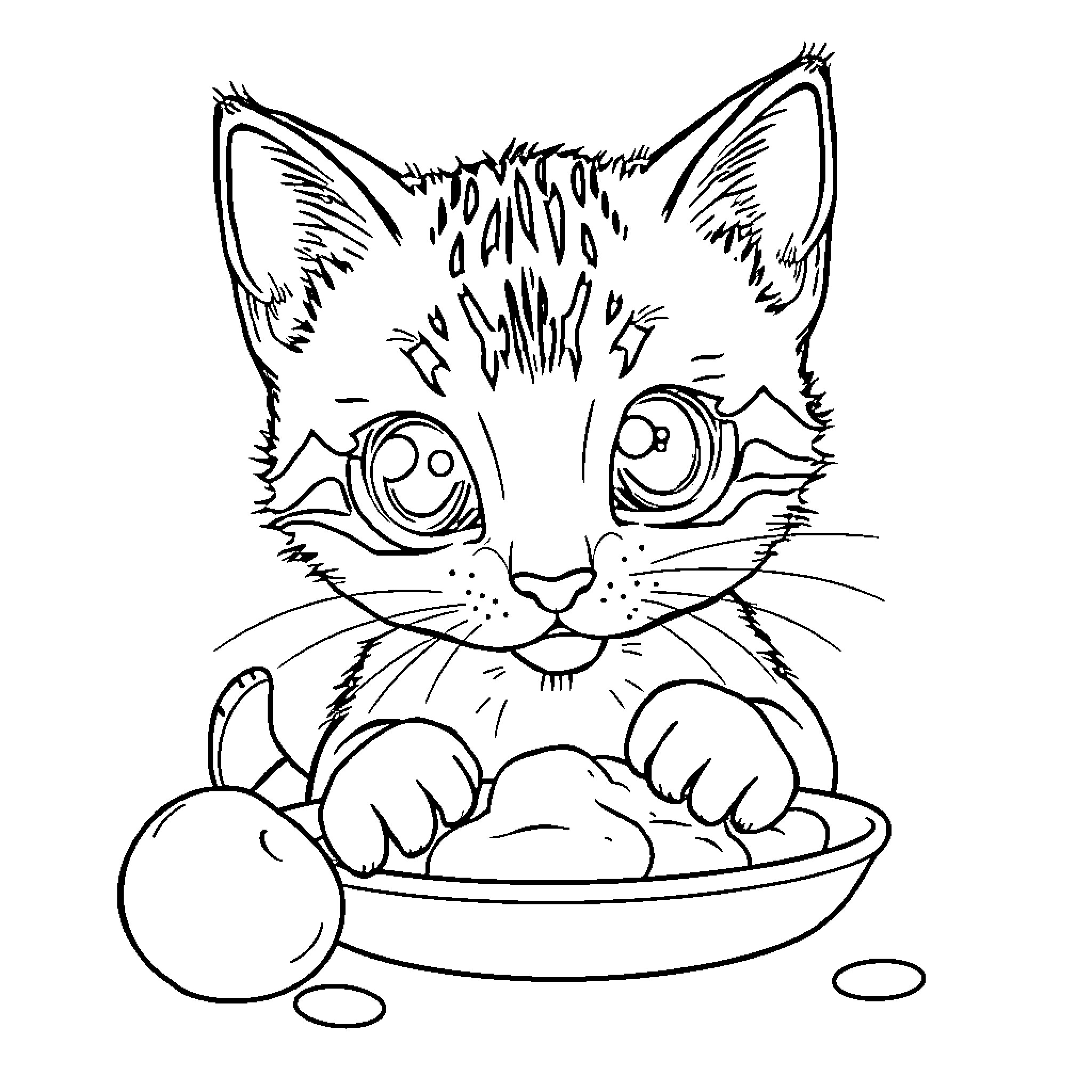 Kitten sitting in bowl with toys Coloring Page (free black-and-white line drawing printable PDF for all, from beginners to advanced learners, including children, teens, adults, and seniors)