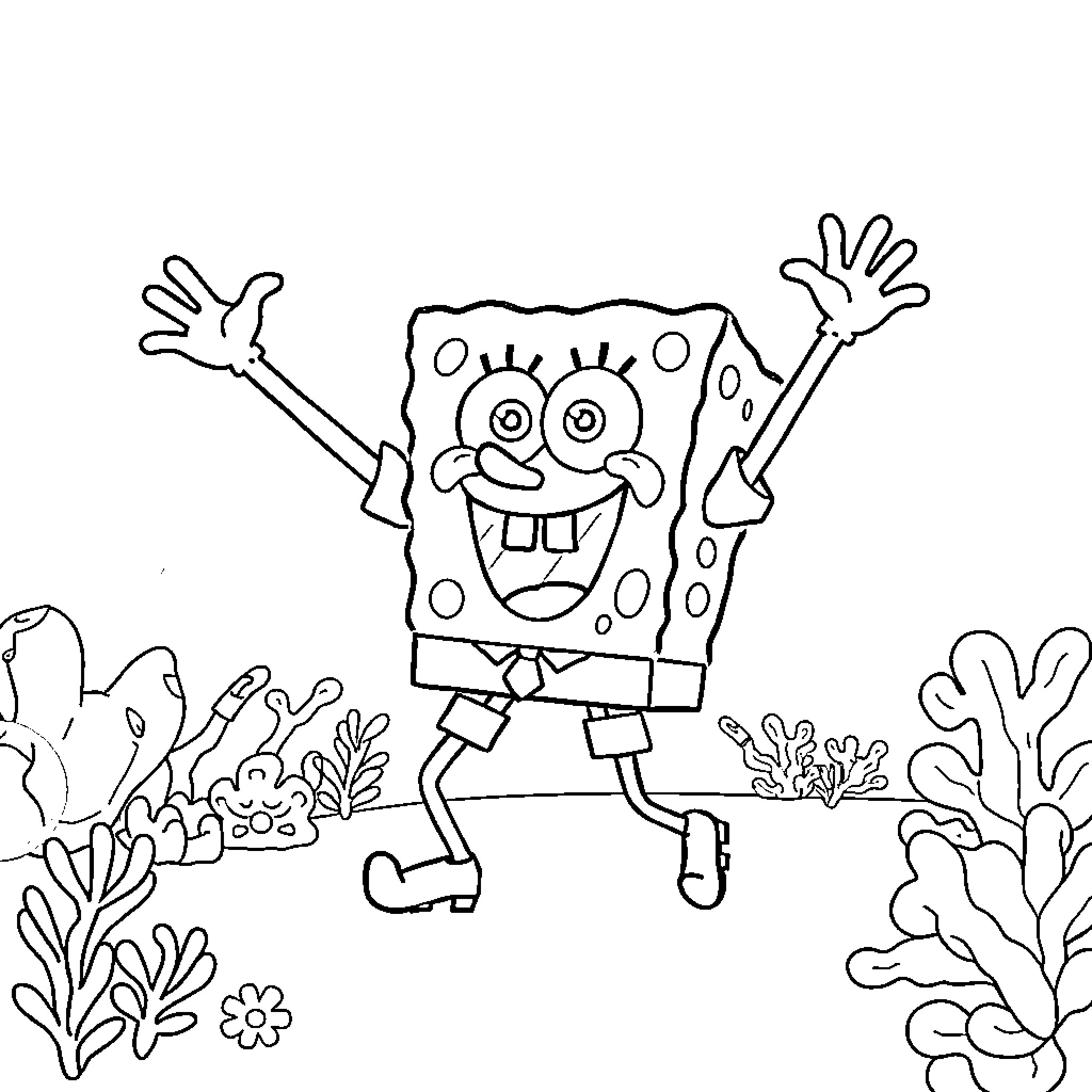 Spongebob Happily Jumping in Underwater Scene Coloring Page (free black-and-white line drawing printable PDF for all, from beginners to advanced learners, including children, teens, adults, and seniors)