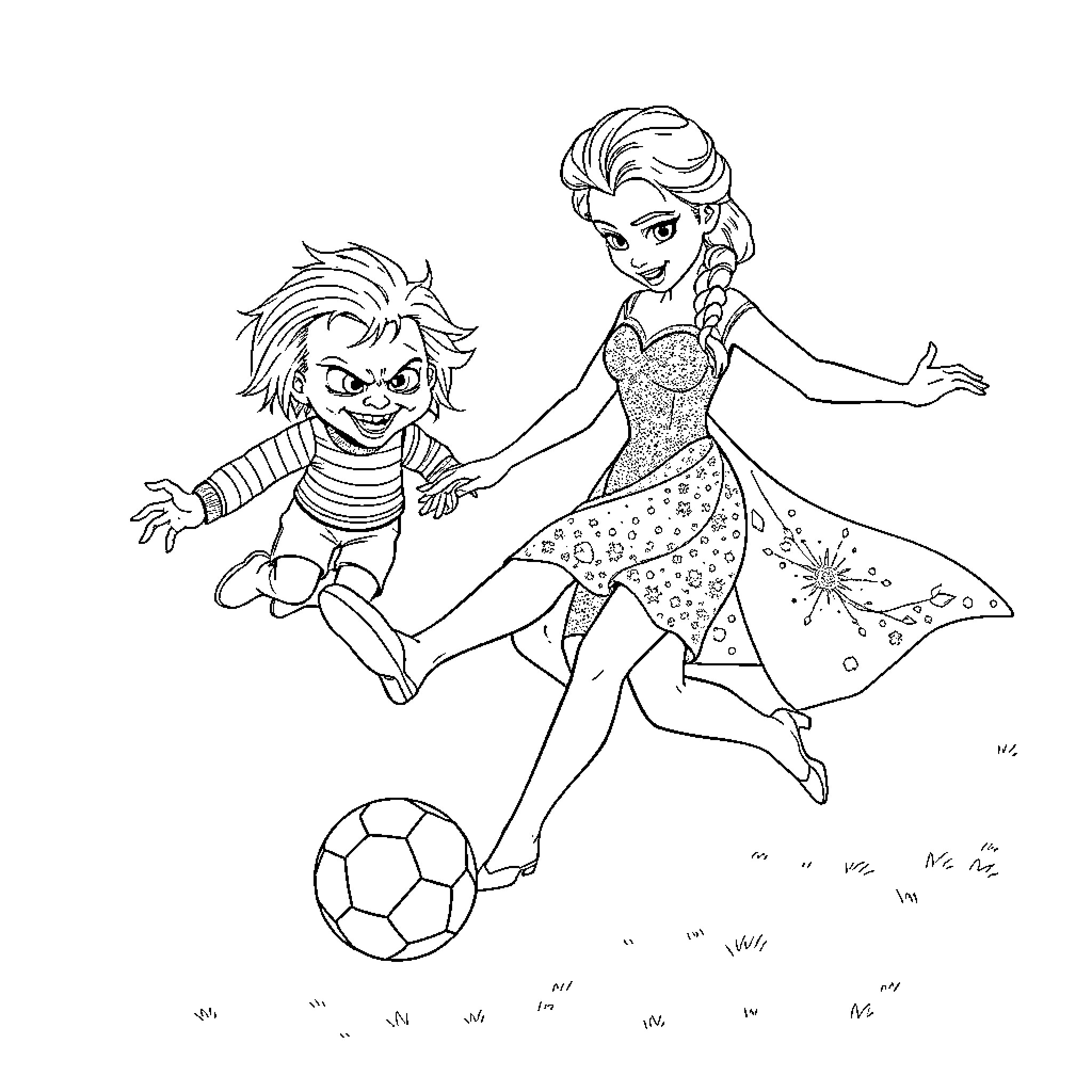 Elsa and child playing with a soccer ball Coloring Page (free black-and-white line drawing printable PDF for all, from beginners to advanced learners, including children, teens, adults, and seniors)