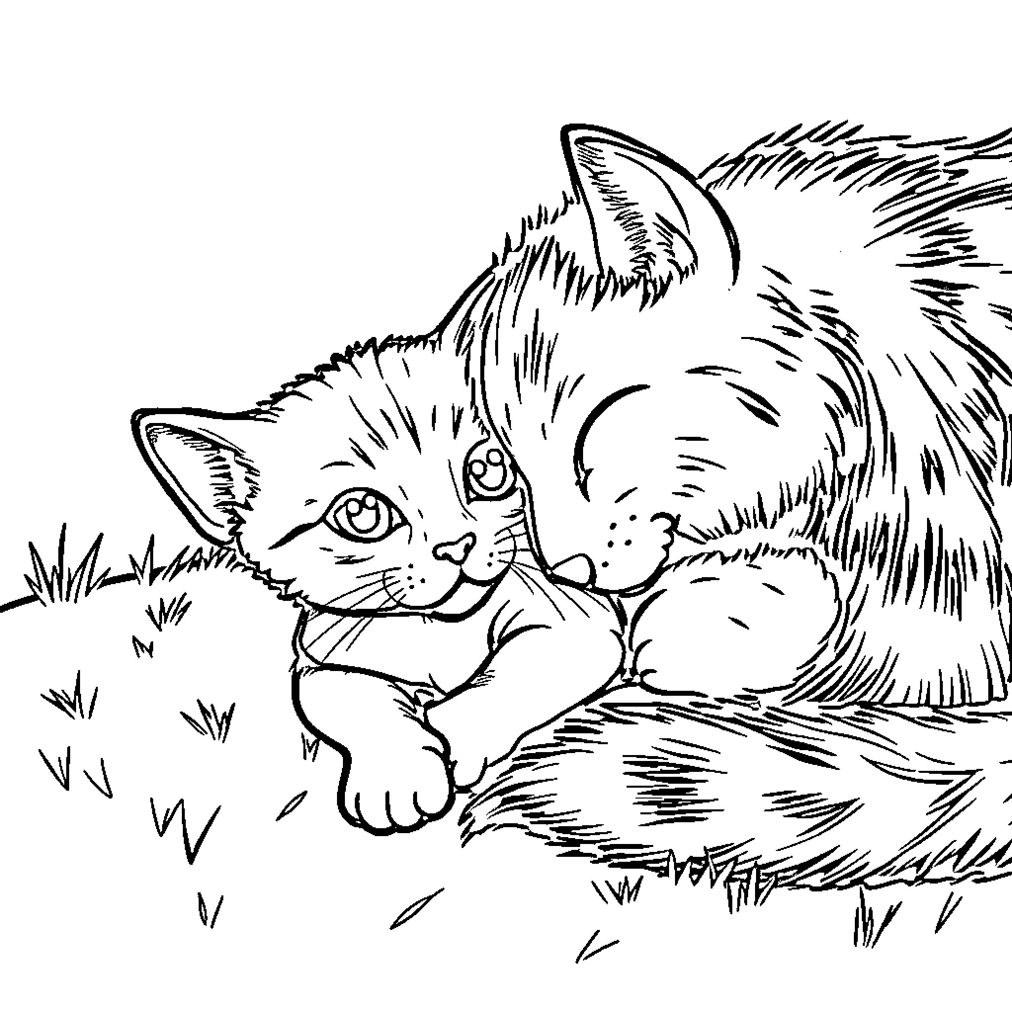 Kitten and Puppy Explore Nature Together Coloring Page (free black-and-white line drawing printable PDF for all, from beginners to advanced learners, including children, teens, adults, and seniors)