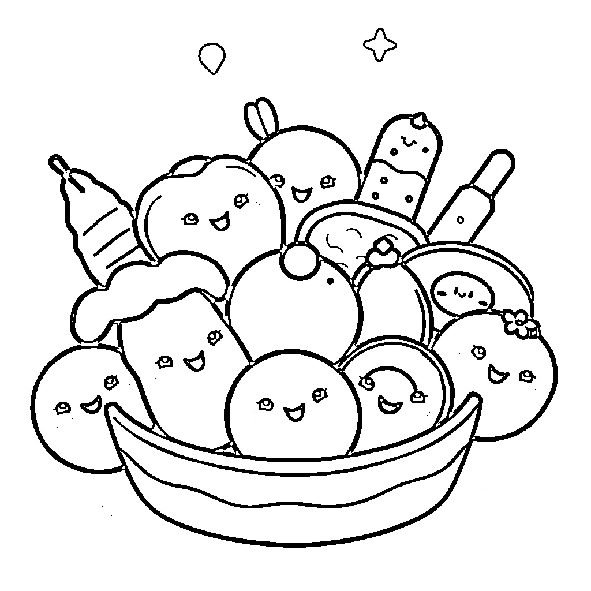 Food items in a whimsical illustration Coloring Page (free black-and-white line drawing printable PDF for all, from beginners to advanced learners, including children, teens, adults, and seniors)