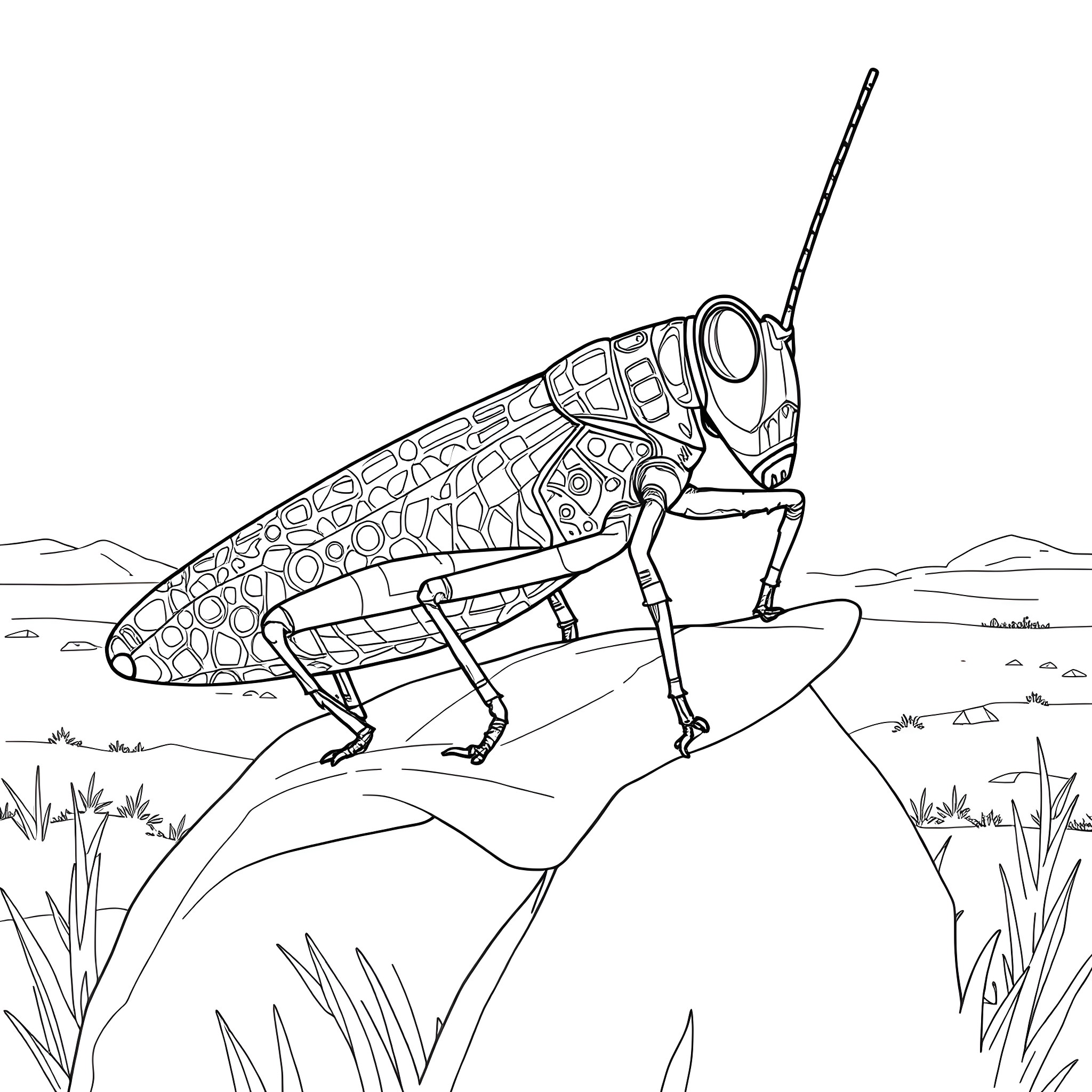 Grasshopper exploring the landscape Coloring Page (free black-and-white line drawing printable PDF for all, from beginners to advanced learners, including children, teens, adults, and seniors)