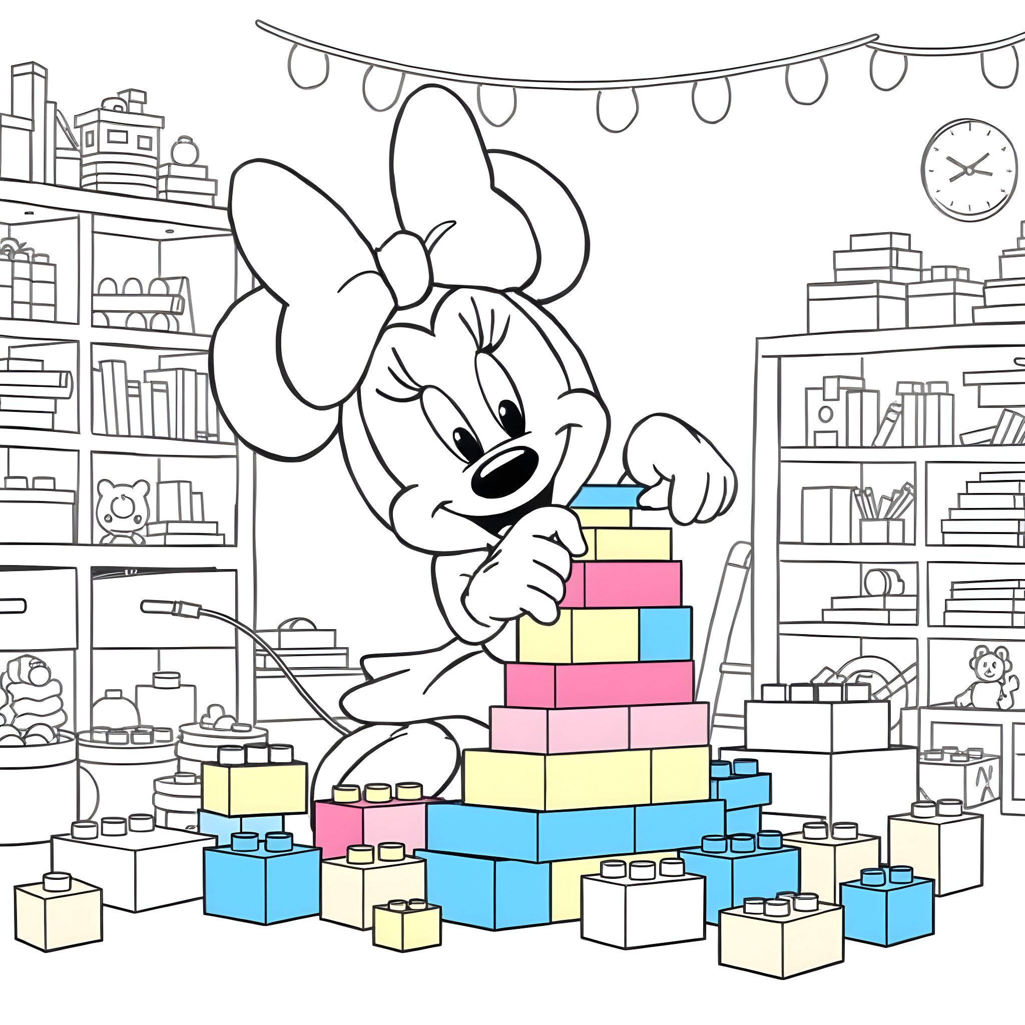 Minnie Mouse playing with colorful blocks in a toy room Coloring Page (free black-and-white line drawing printable PDF for all, from beginners to advanced learners, including children, teens, adults, and seniors)