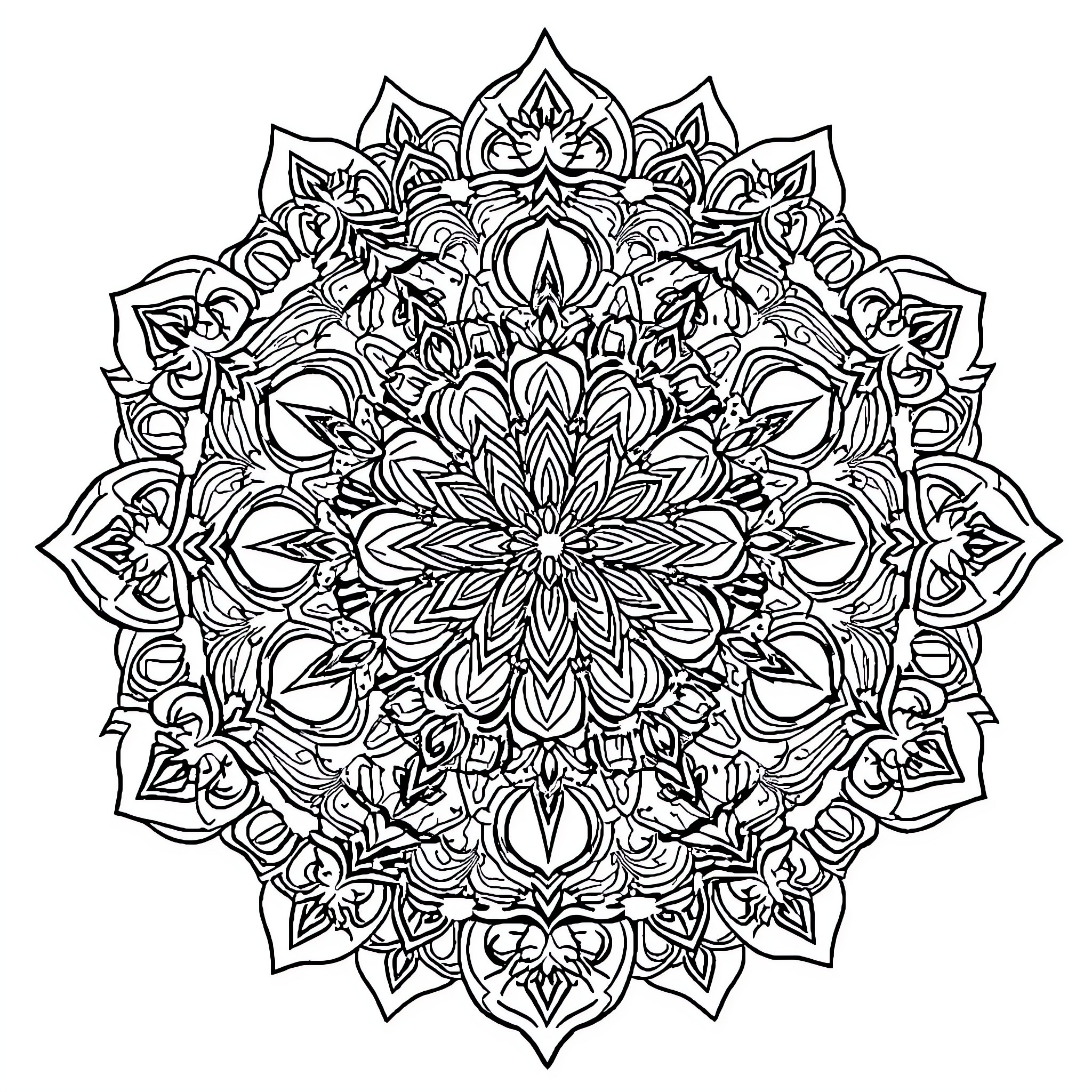 Mandala of intricate floral patterns Coloring Page (free black-and-white line drawing printable PDF for all, from beginners to advanced learners, including children, teens, adults, and seniors)