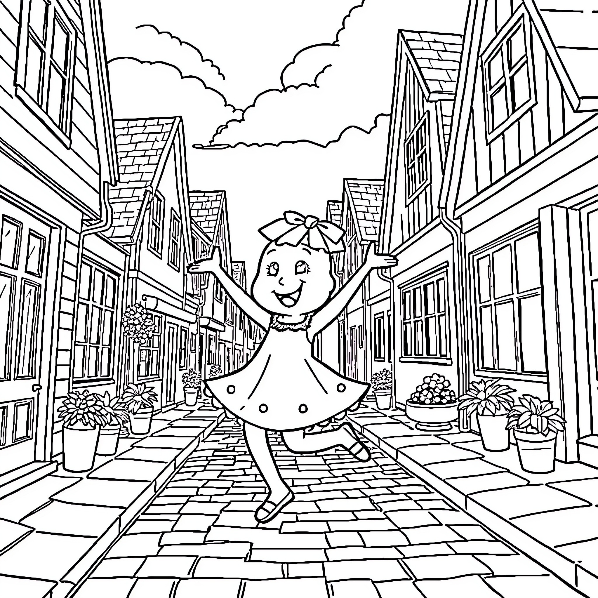 Bluey explores a whimsical town Coloring Page (free black-and-white line drawing printable PDF for all, from beginners to advanced learners, including children, teens, adults, and seniors)