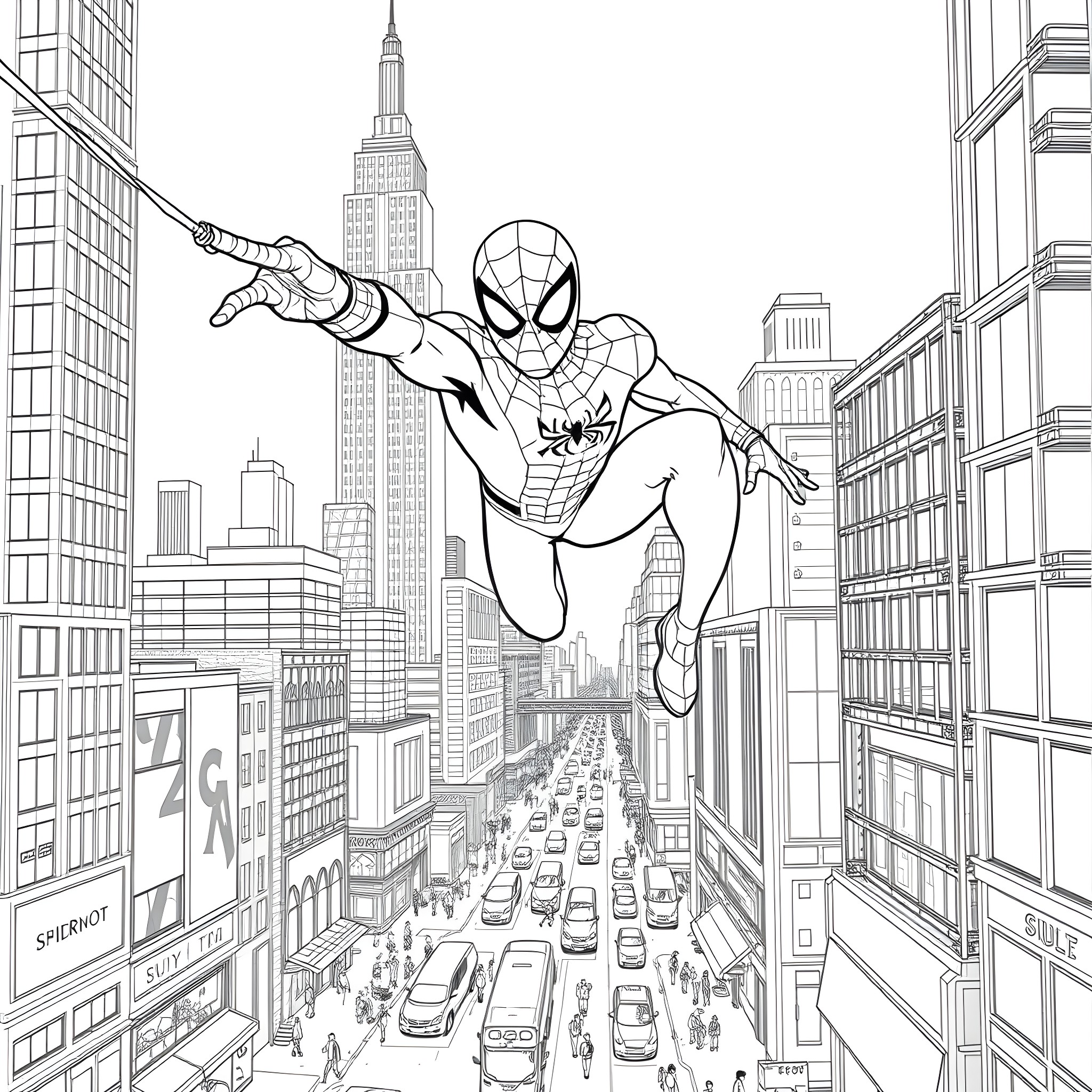 Spiderman swinging through the city skyline Coloring Page (free black-and-white line drawing printable PDF for all, from beginners to advanced learners, including children, teens, adults, and seniors)