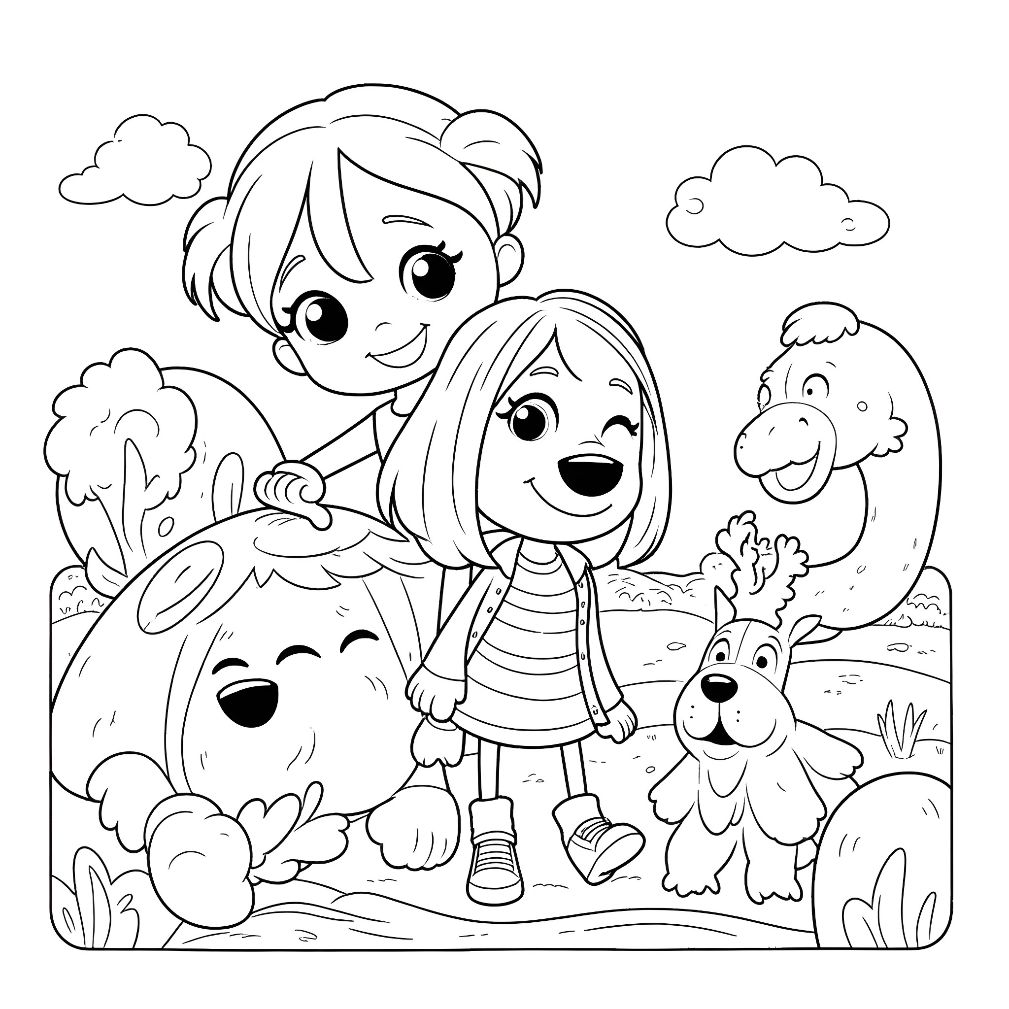 Czech Cartoon Children Playing with Pets in Nature Coloring Page (free black-and-white line drawing printable PDF for all, from beginners to advanced learners, including children, teens, adults, and seniors)