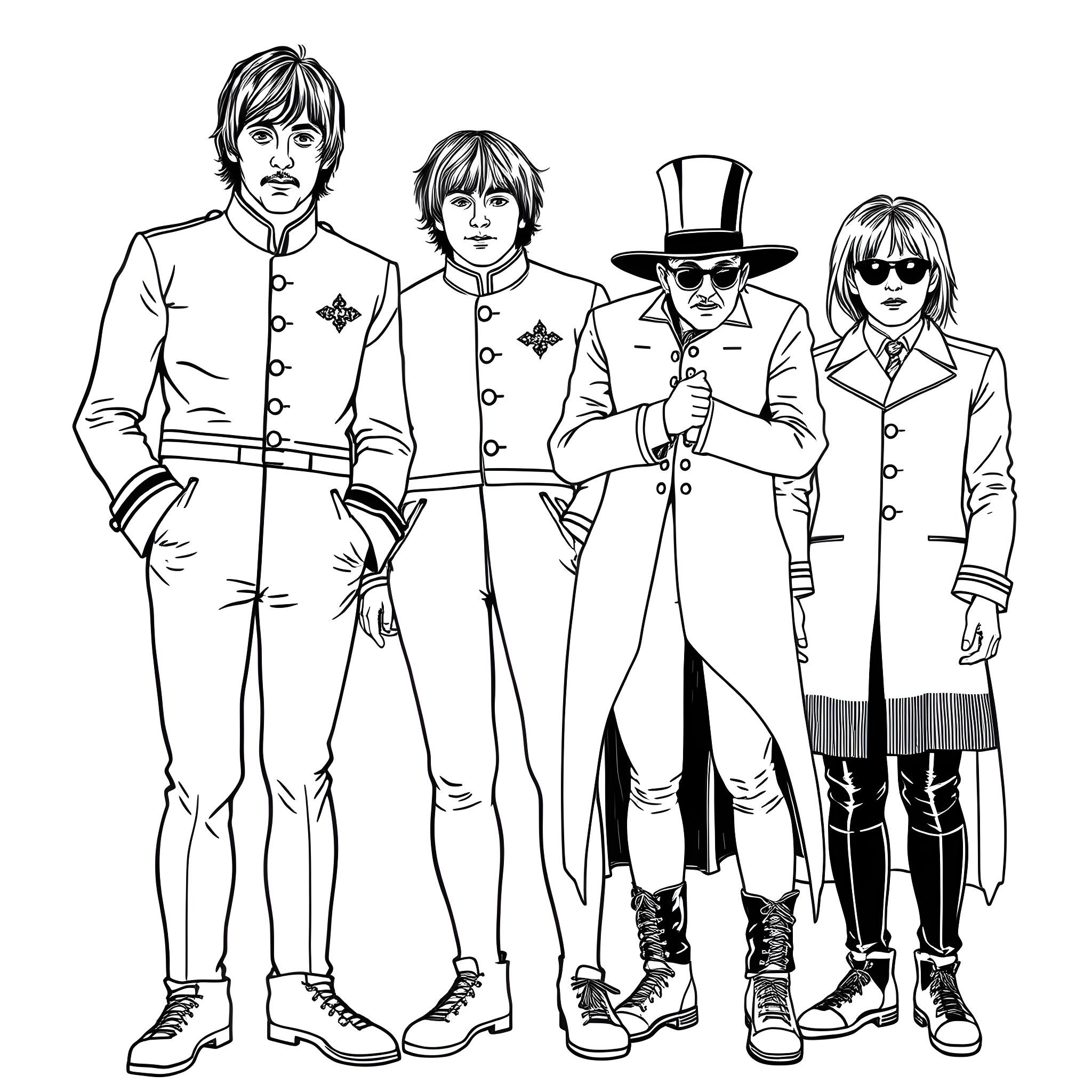 Beatles in Stylized Military-Inspired Outfits Coloring Page (free black-and-white line drawing printable PDF for all, from beginners to advanced learners, including children, teens, adults, and seniors)