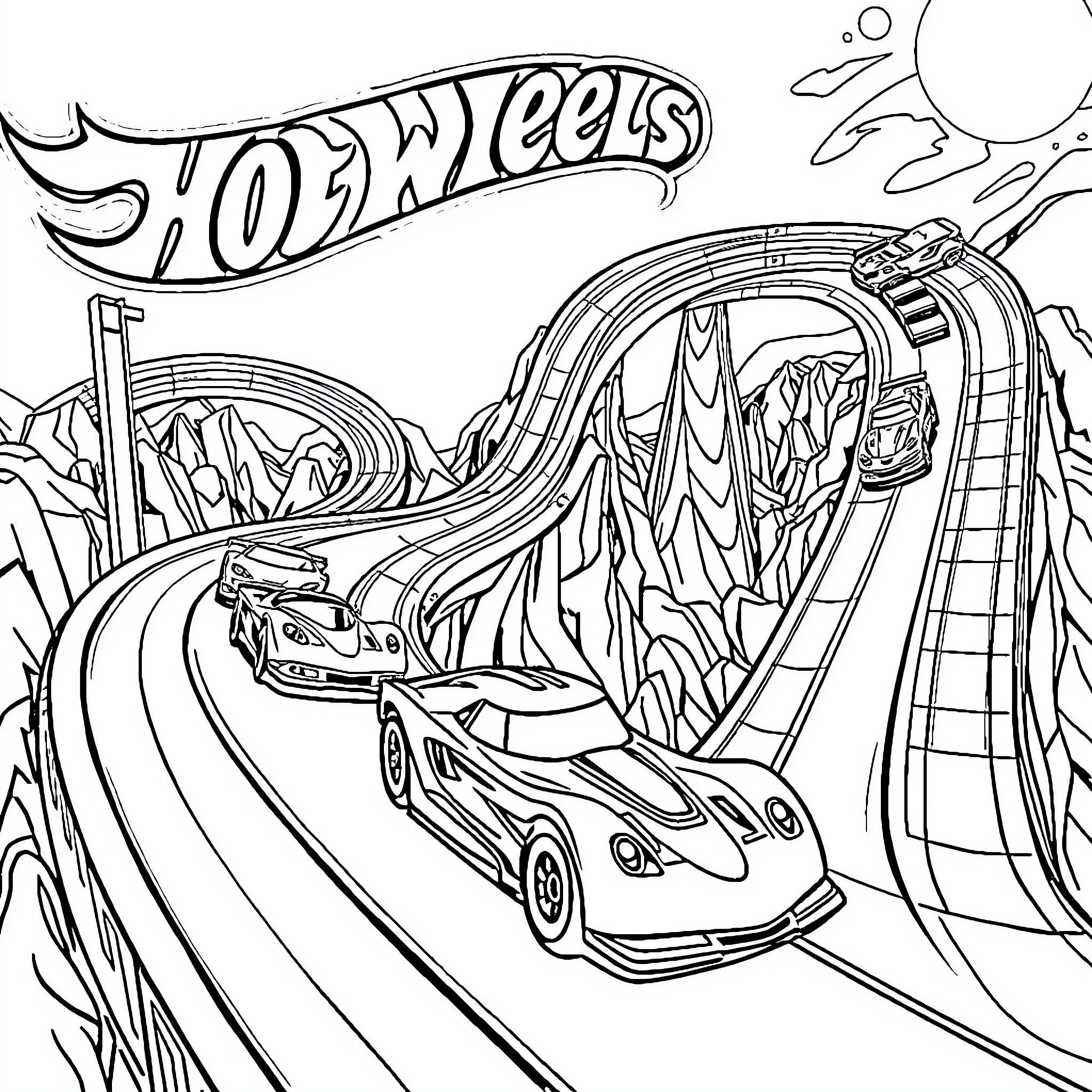 Hot Wheels racing through an adventurous track Coloring Page (free black-and-white line drawing printable PDF for all, from beginners to advanced learners, including children, teens, adults, and seniors)