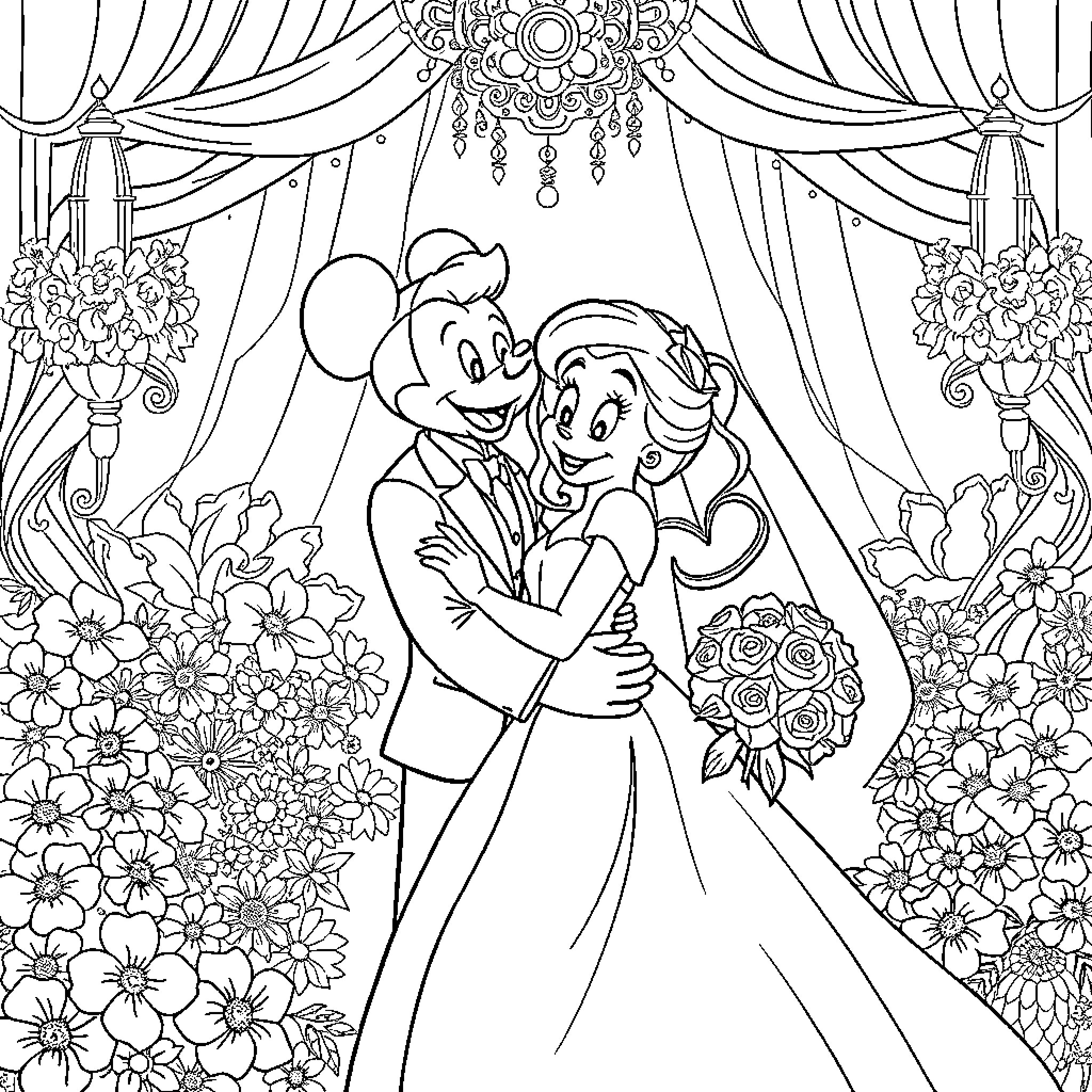 Disney Characters Celebrating Wedding with Floral Decor Coloring Page (free black-and-white line drawing printable PDF for all, from beginners to advanced learners, including children, teens, adults, and seniors)