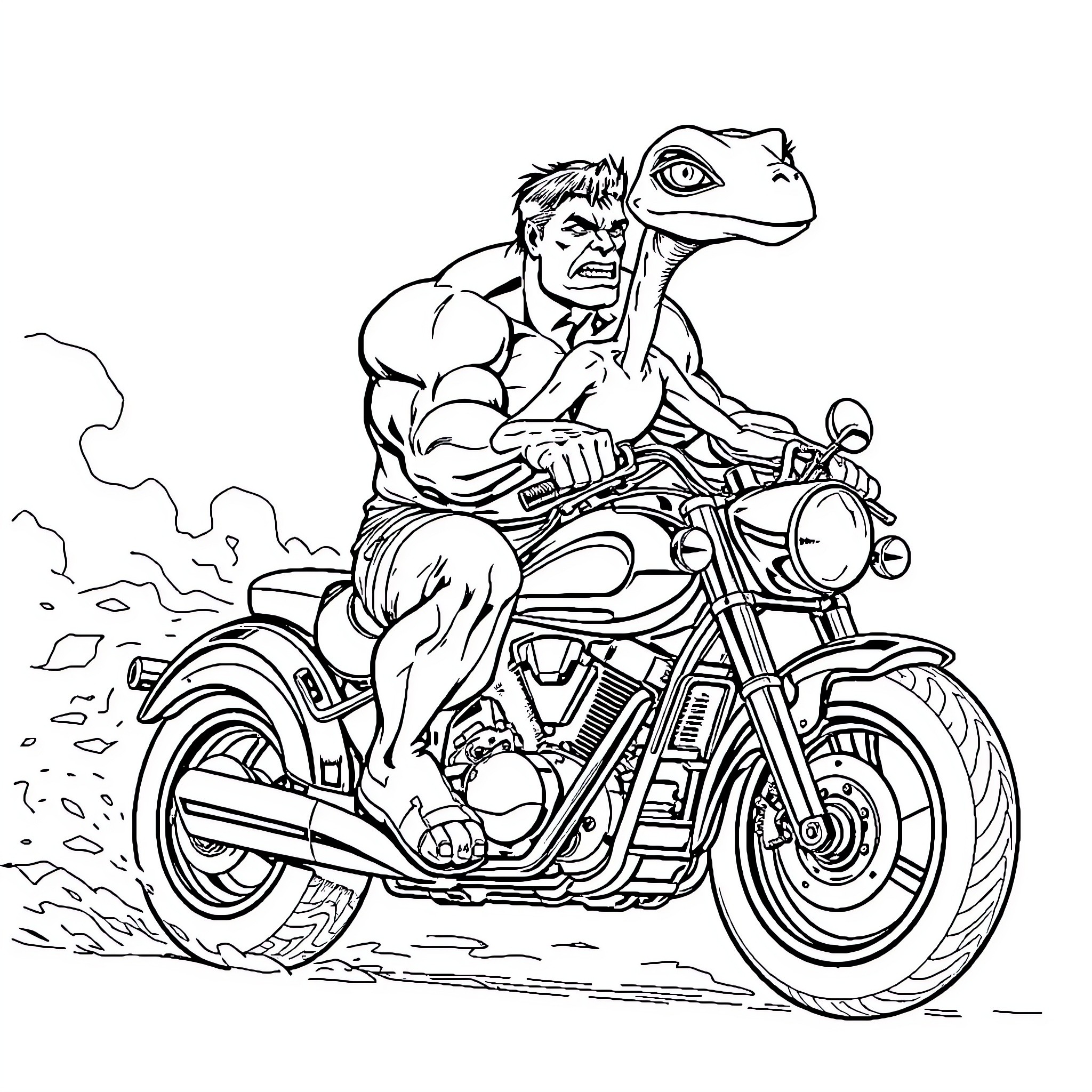 Hulk riding a motorcycle with determination Coloring Page (free black-and-white line drawing printable PDF for all, from beginners to advanced learners, including children, teens, adults, and seniors)