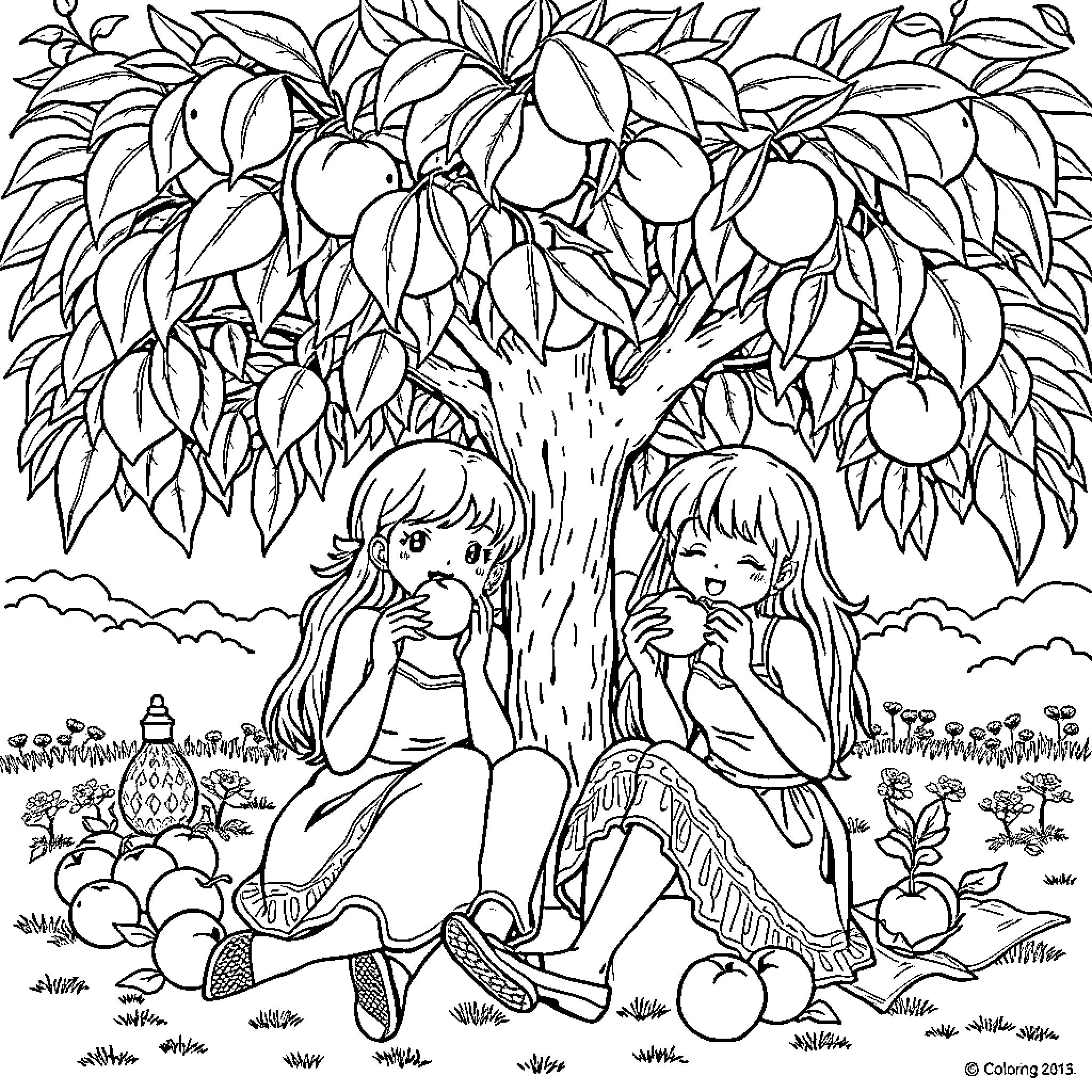 Girls sitting under a fruit tree Coloring Page (free black-and-white line drawing printable PDF for all, from beginners to advanced learners, including children, teens, adults, and seniors)