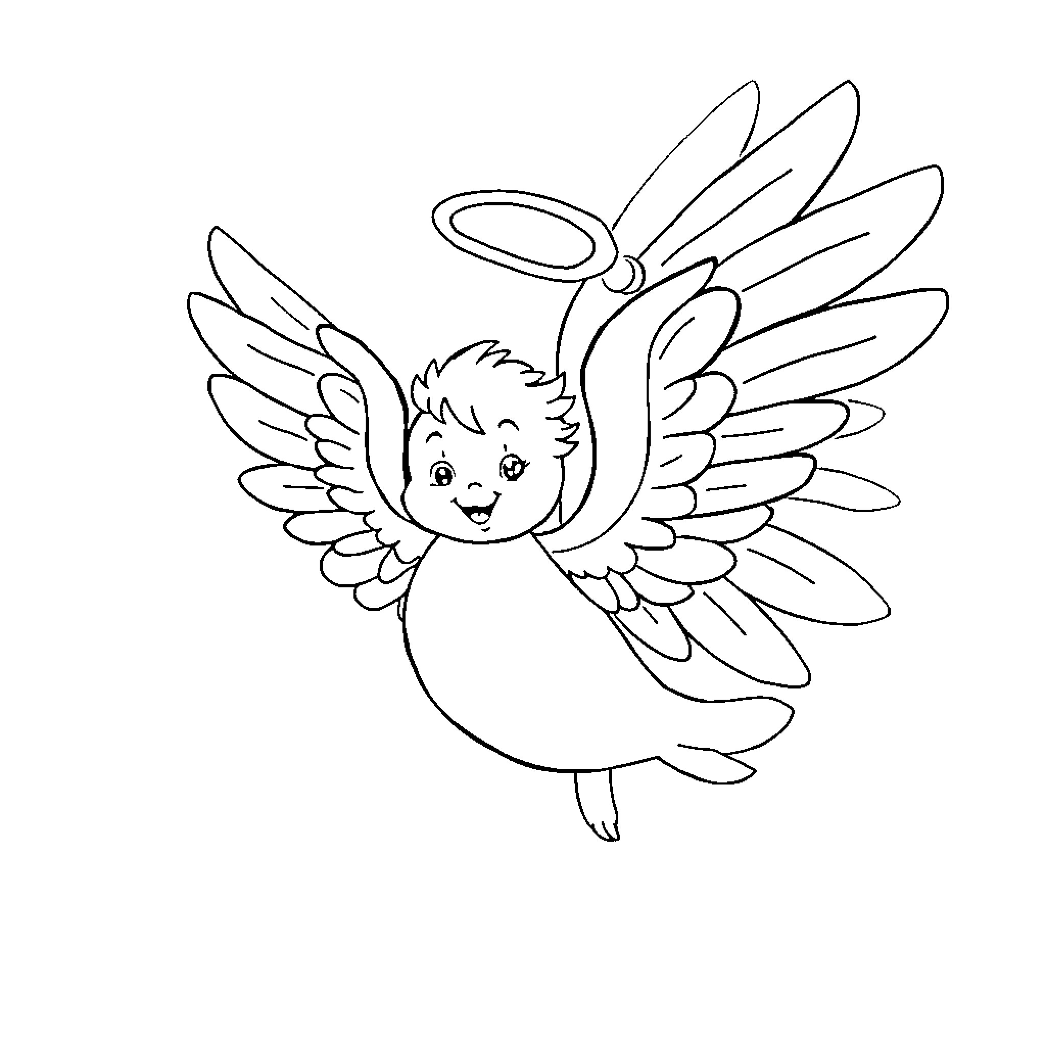 Angel flying with wings and halo Coloring Page (free black-and-white line drawing printable PDF for all, from beginners to advanced learners, including children, teens, adults, and seniors)