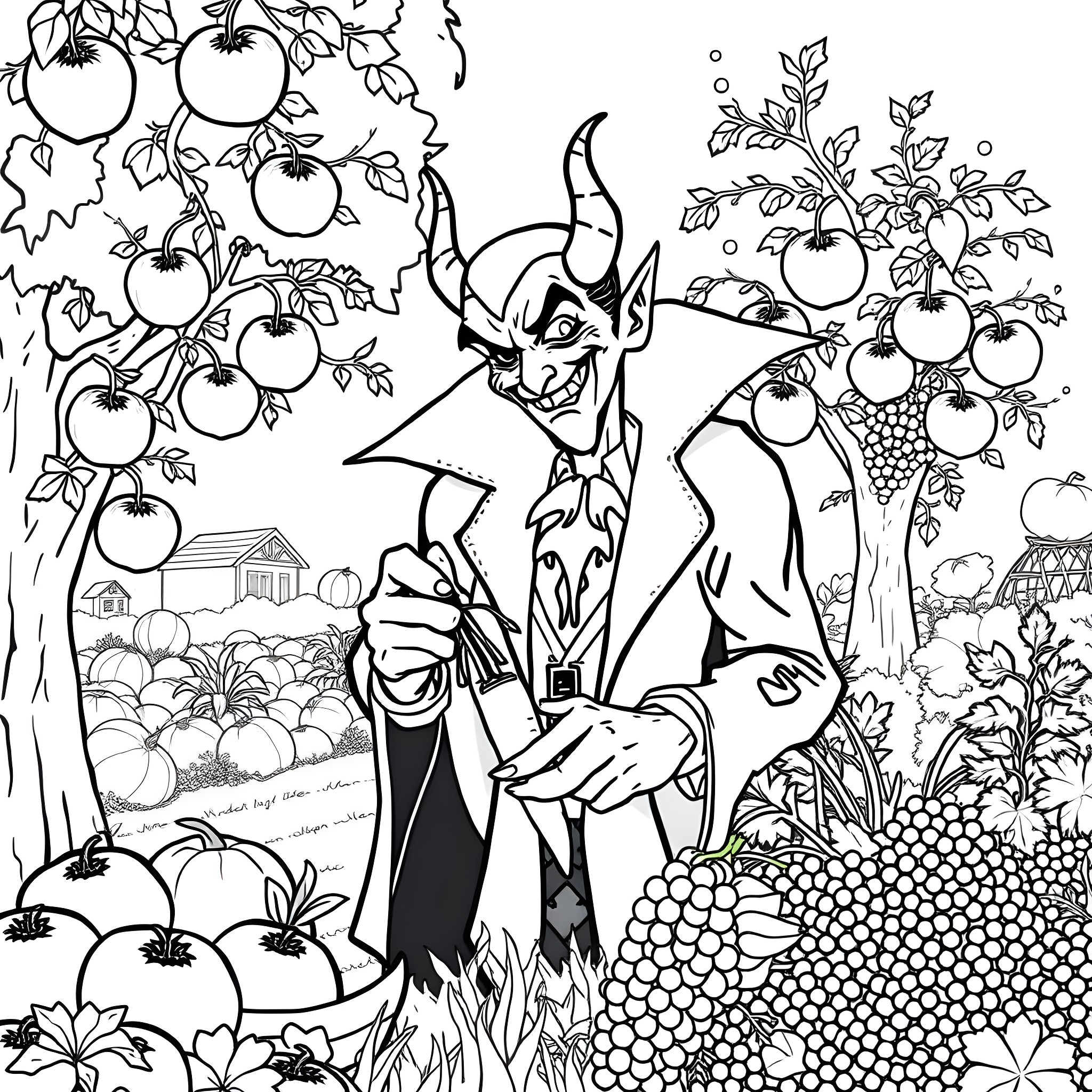 Vampire in a Whimsical Orchard Coloring Page (free black-and-white line drawing printable PDF for all, from beginners to advanced learners, including children, teens, adults, and seniors)