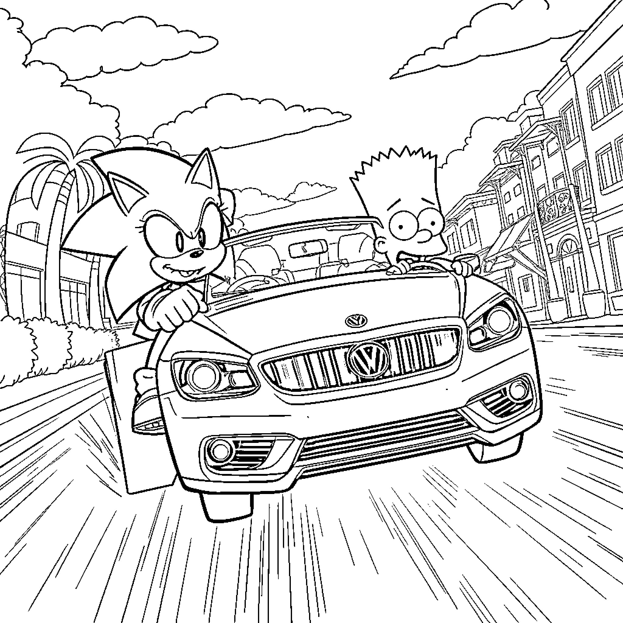 Sonic and Bart racing in a fast car through the city Coloring Page (free black-and-white line drawing printable PDF for all, from beginners to advanced learners, including children, teens, adults, and seniors)