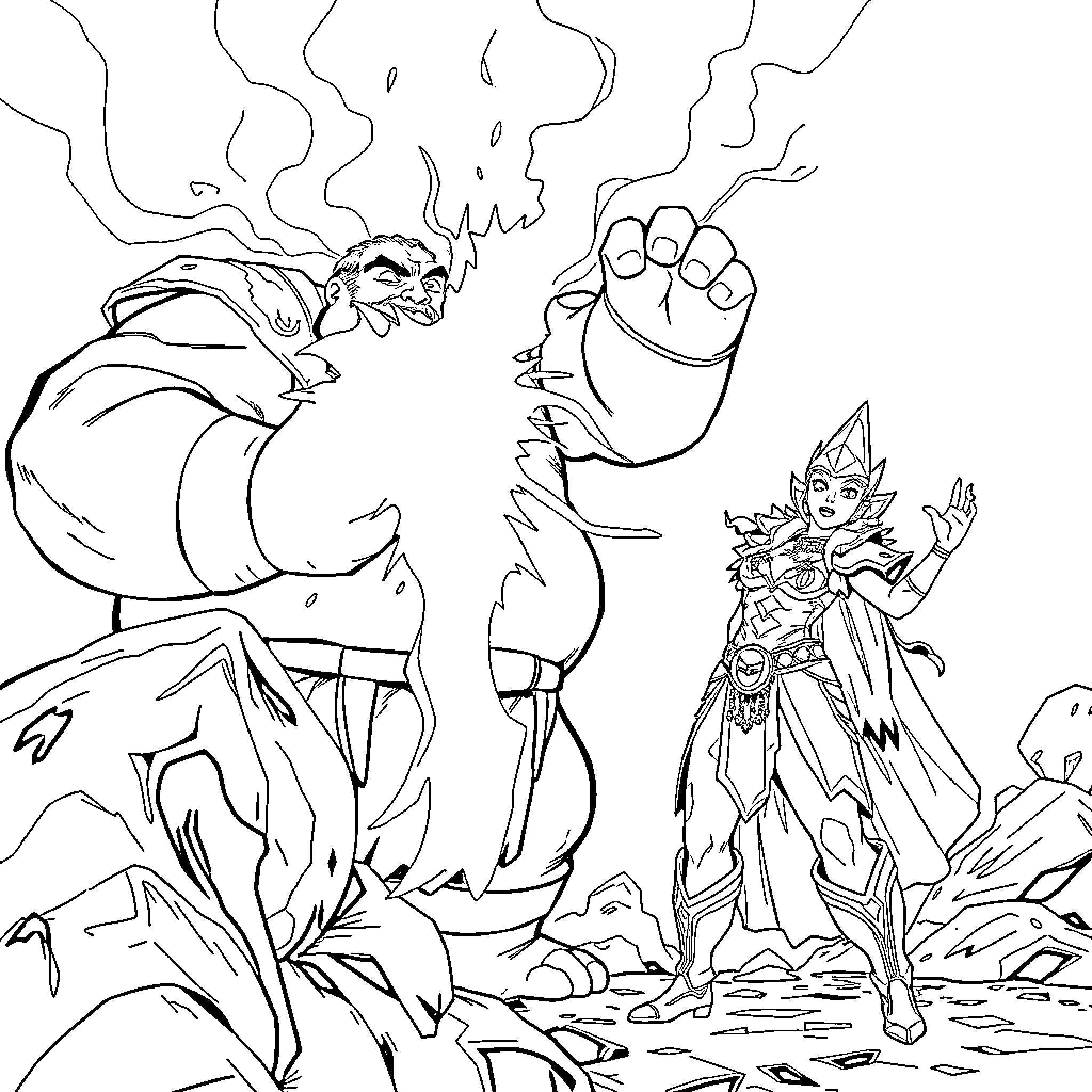 Pudge battles fierce foes in epic fantasy adventure Coloring Page (free black-and-white line drawing printable PDF for all, from beginners to advanced learners, including children, teens, adults, and seniors)