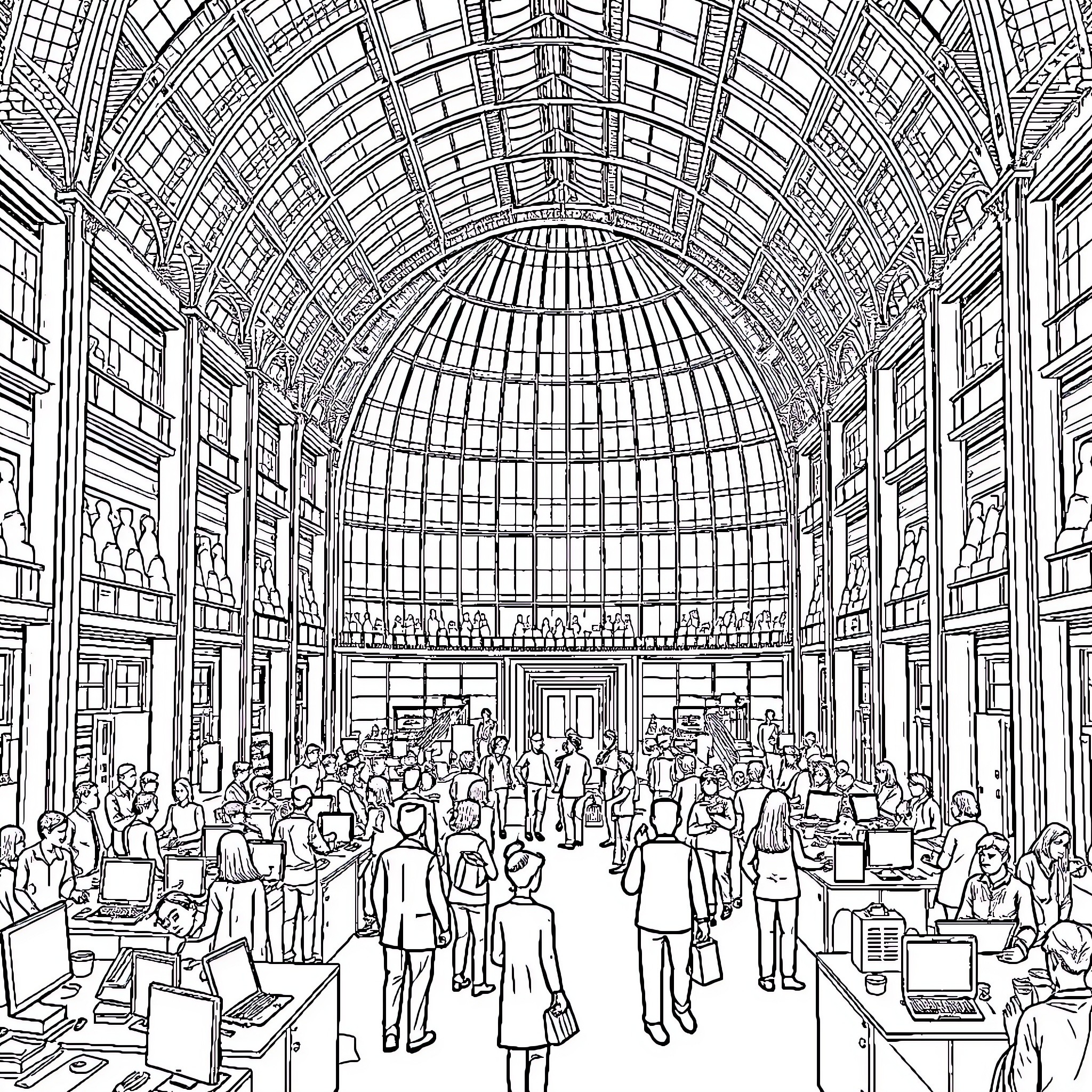IHR Bustling Atrium with Ornate Glass Ceiling Coloring Page (free black-and-white line drawing printable PDF for all, from beginners to advanced learners, including children, teens, adults, and seniors)