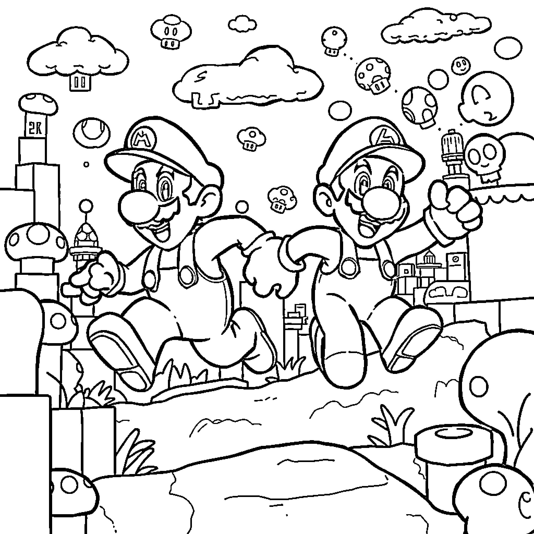 Mario and Luigi's Whimsical Adventure Coloring Page (free black-and-white line drawing printable PDF for all, from beginners to advanced learners, including children, teens, adults, and seniors)