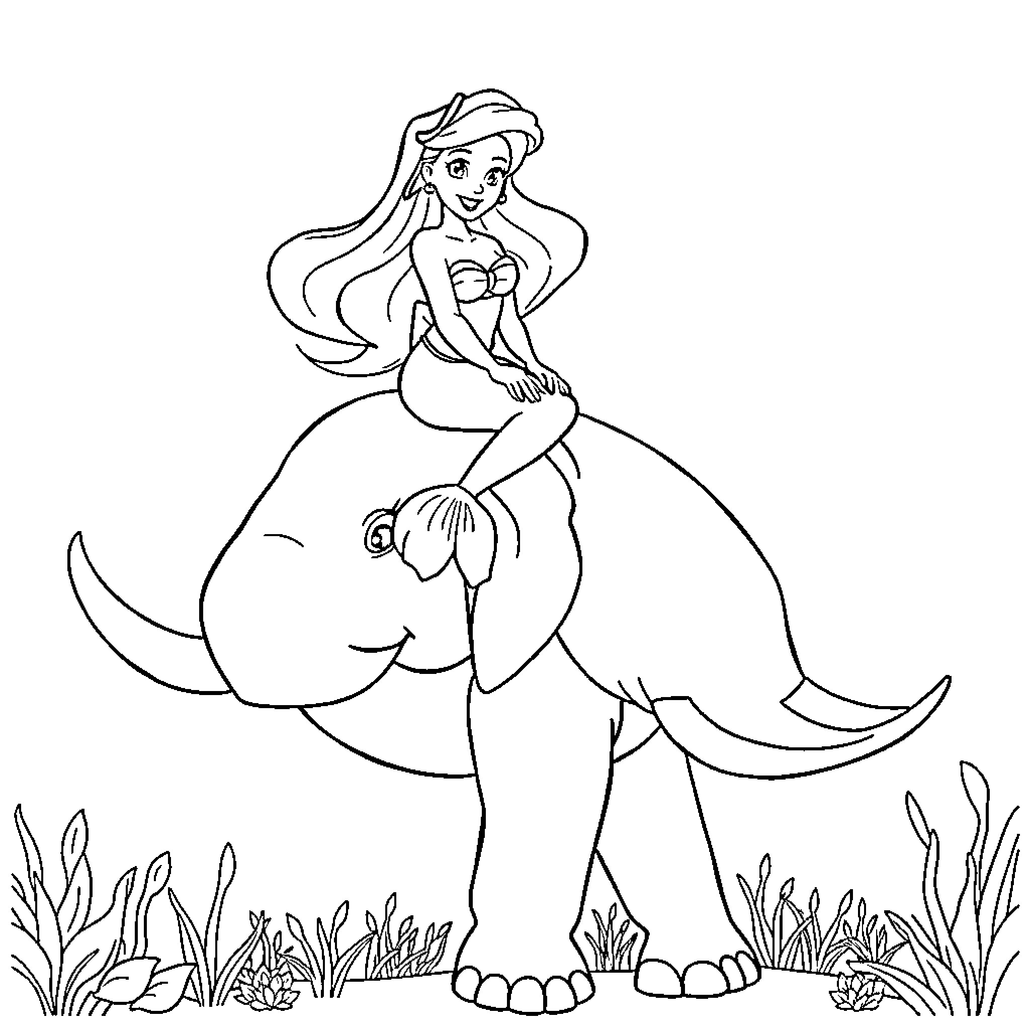 Ariel riding a friendly sea creature Coloring Page (free black-and-white line drawing printable PDF for all, from beginners to advanced learners, including children, teens, adults, and seniors)