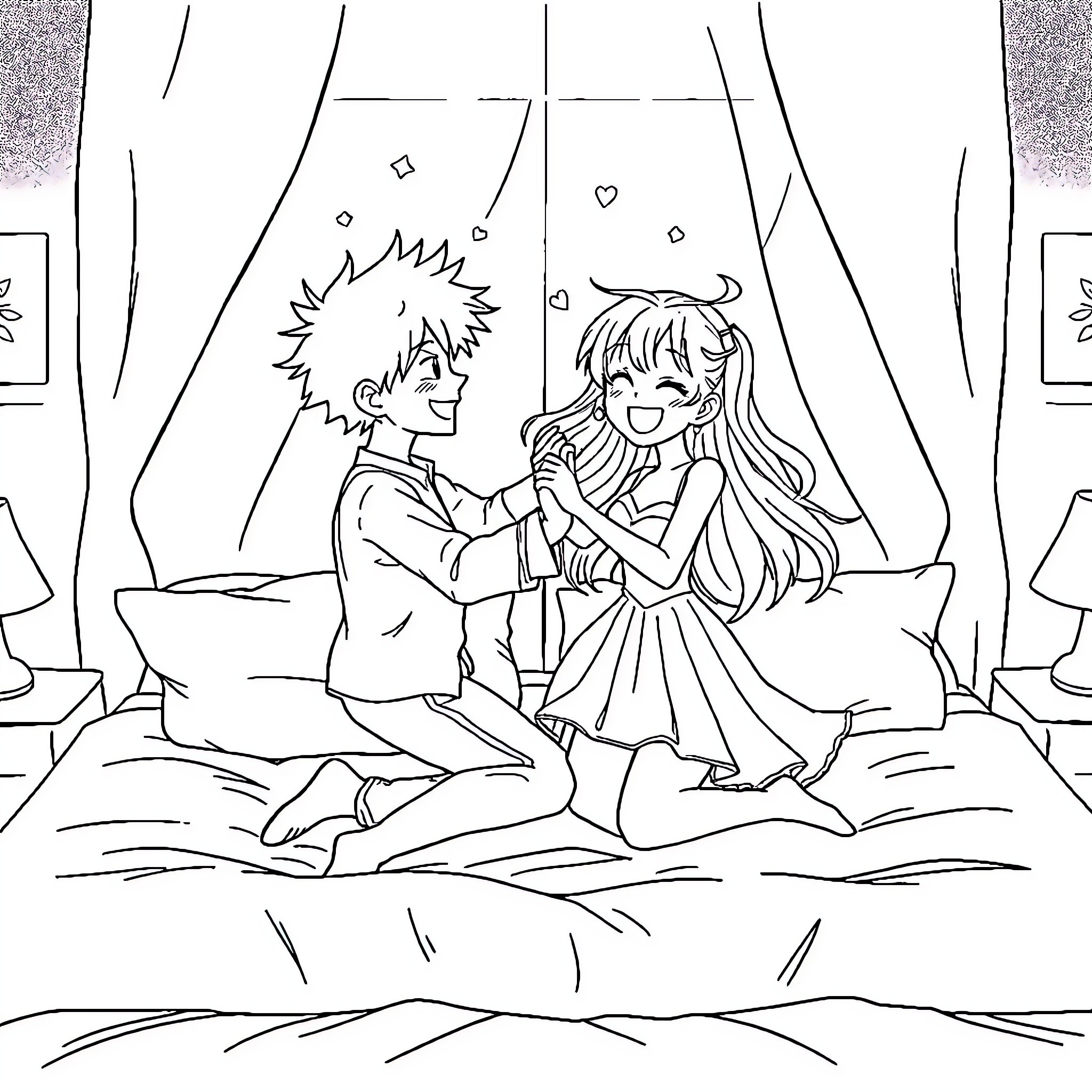 Midoriya and Ochaco in a Tender Embrace Coloring Page (free black-and-white line drawing printable PDF for all, from beginners to advanced learners, including children, teens, adults, and seniors)