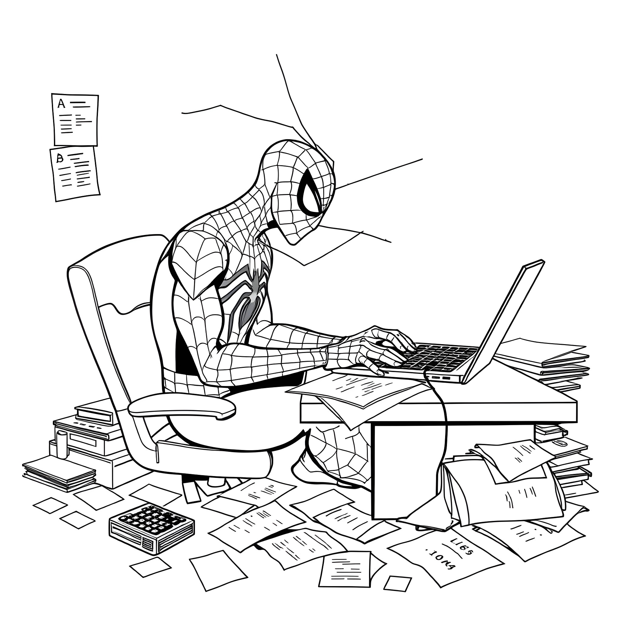 Spiderman working diligently on a computer in a messy office Coloring Page (free black-and-white line drawing printable PDF for all, from beginners to advanced learners, including children, teens, adults, and seniors)