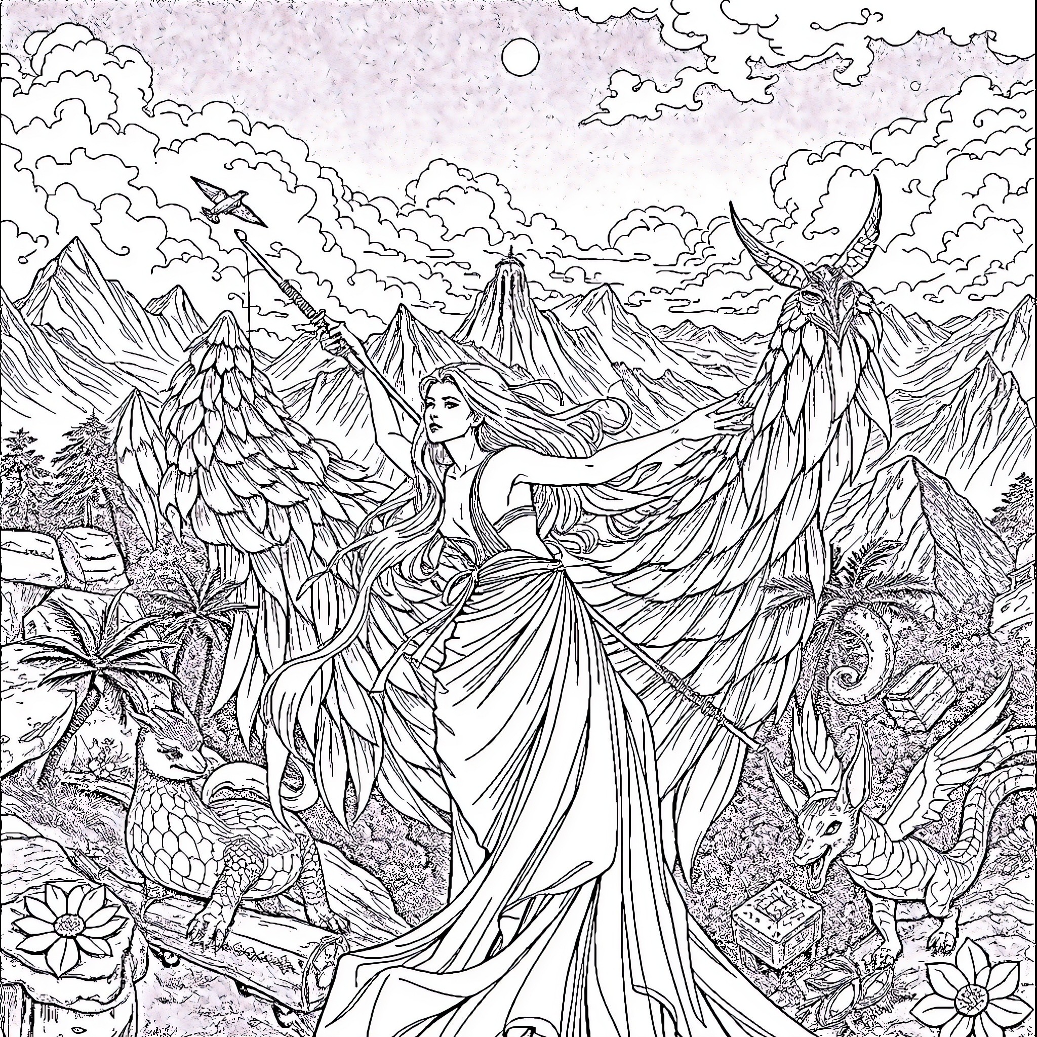 Woman in majestic fantasy landscape Coloring Page (free black-and-white line drawing printable PDF for all, from beginners to advanced learners, including children, teens, adults, and seniors)