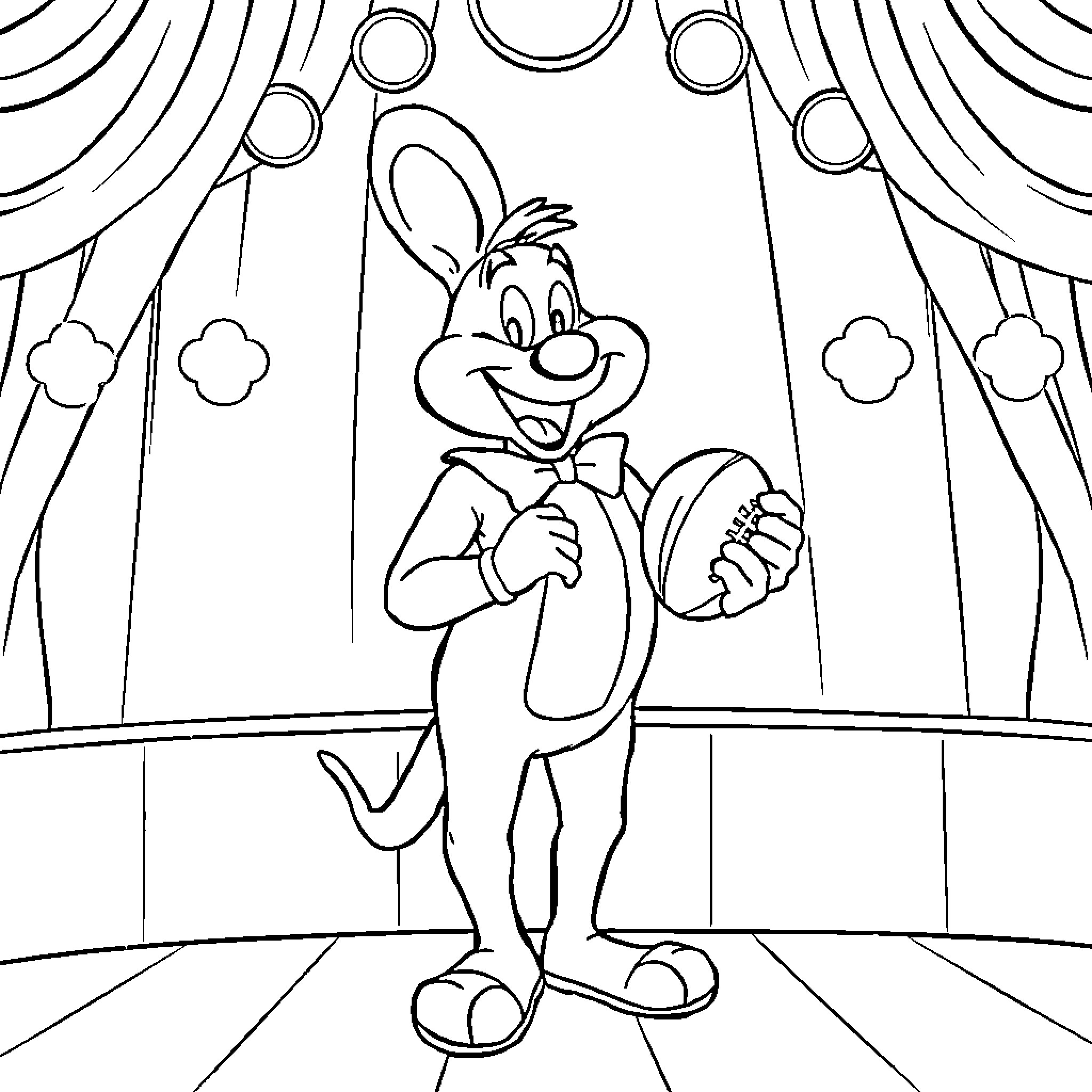 Chuck E. Cheese Cartoon Character Performing on Stage Coloring Page (free black-and-white line drawing printable PDF for all, from beginners to advanced learners, including children, teens, adults, and seniors)
