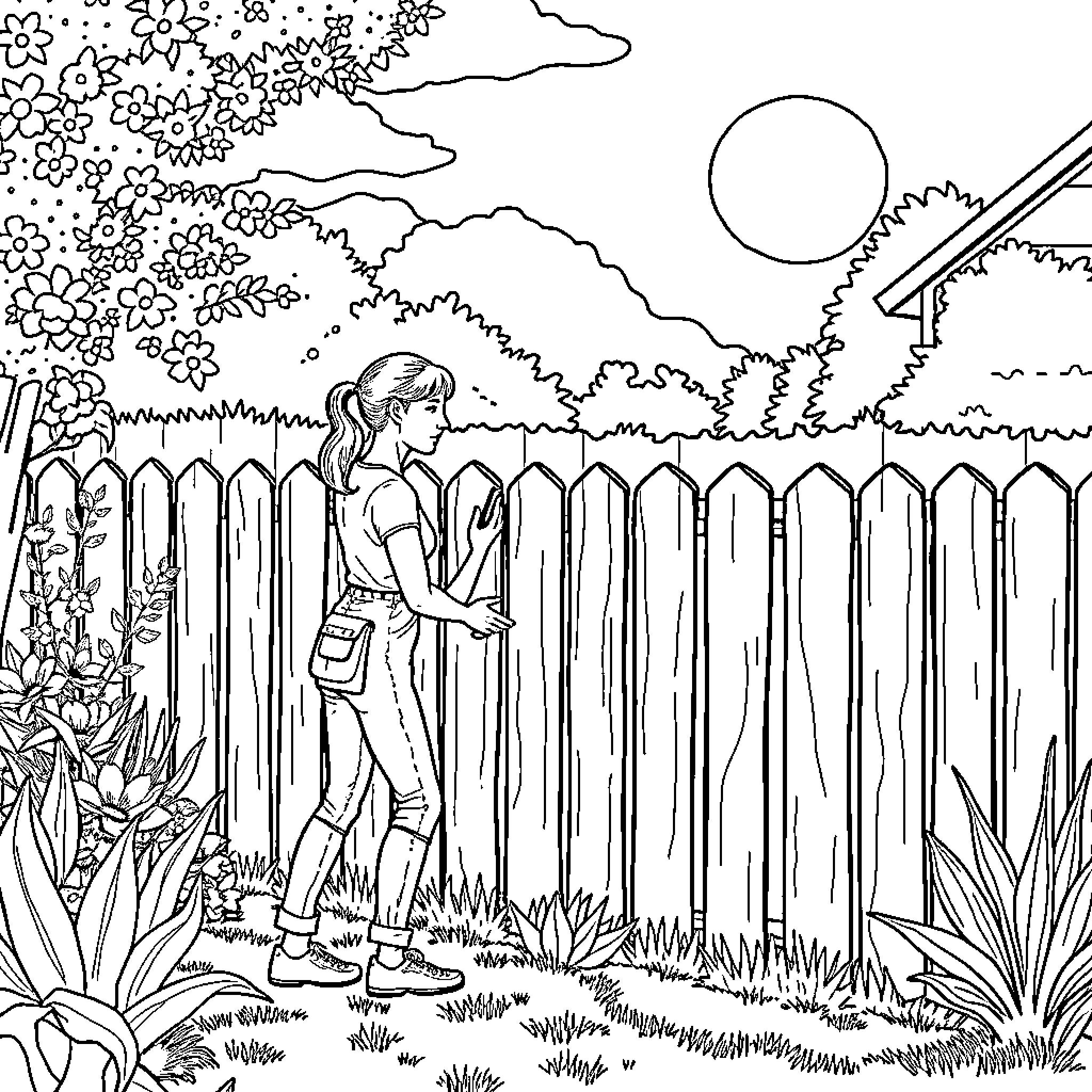 Woman exploring the serene garden landscape Coloring Page (free black-and-white line drawing printable PDF for all, from beginners to advanced learners, including children, teens, adults, and seniors)