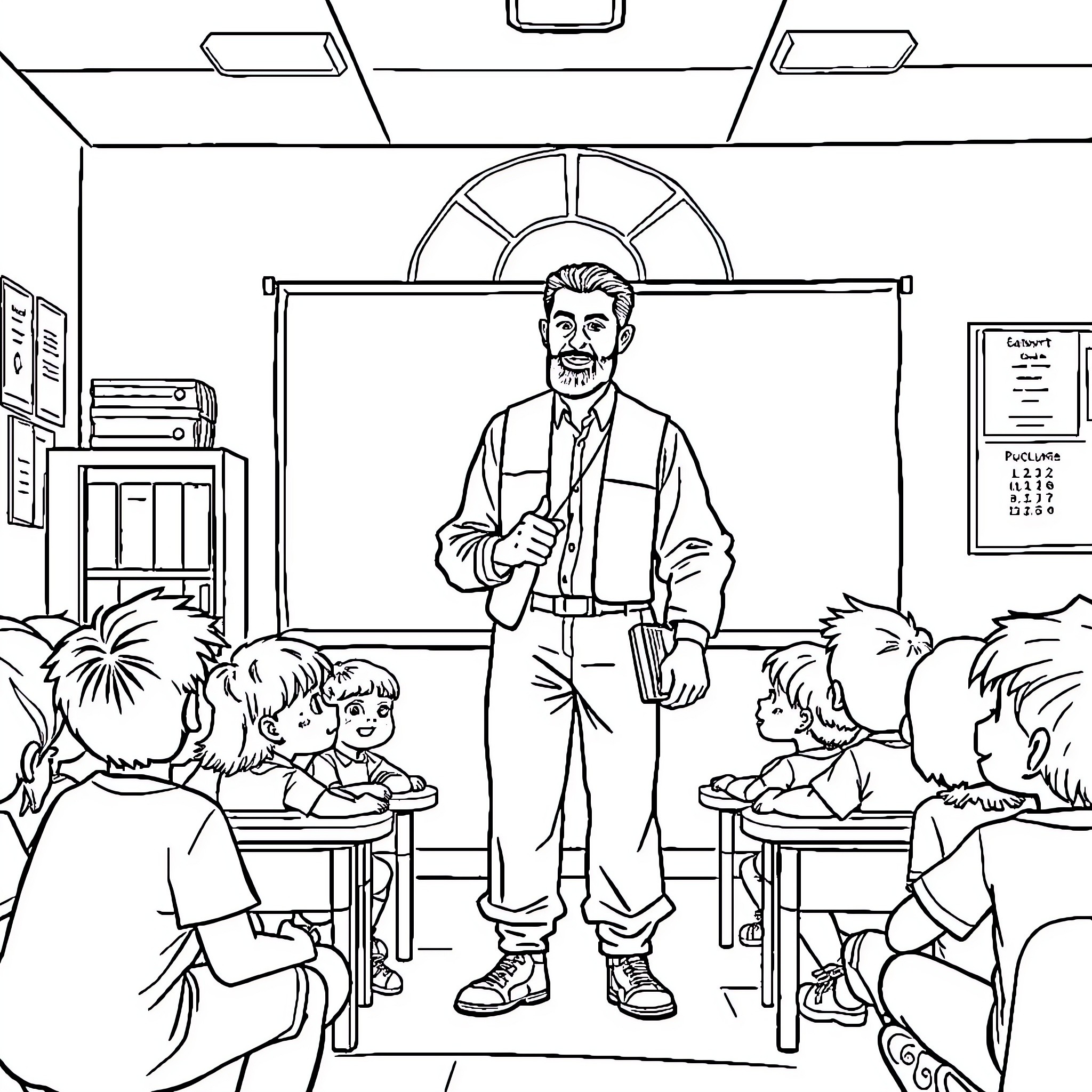 Missionary teaching students in a classroom Coloring Page (free black-and-white line drawing printable PDF for all, from beginners to advanced learners, including children, teens, adults, and seniors)