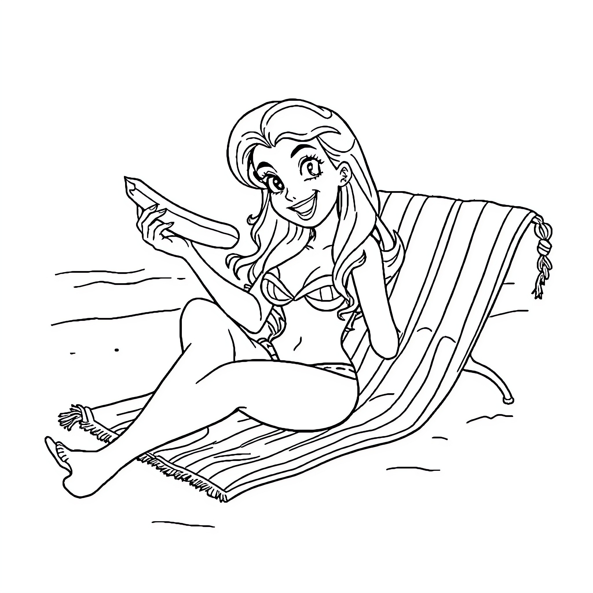 Belle Delphine relaxing on the beach Coloring Page (free black-and-white line drawing printable PDF for all, from beginners to advanced learners, including children, teens, adults, and seniors)