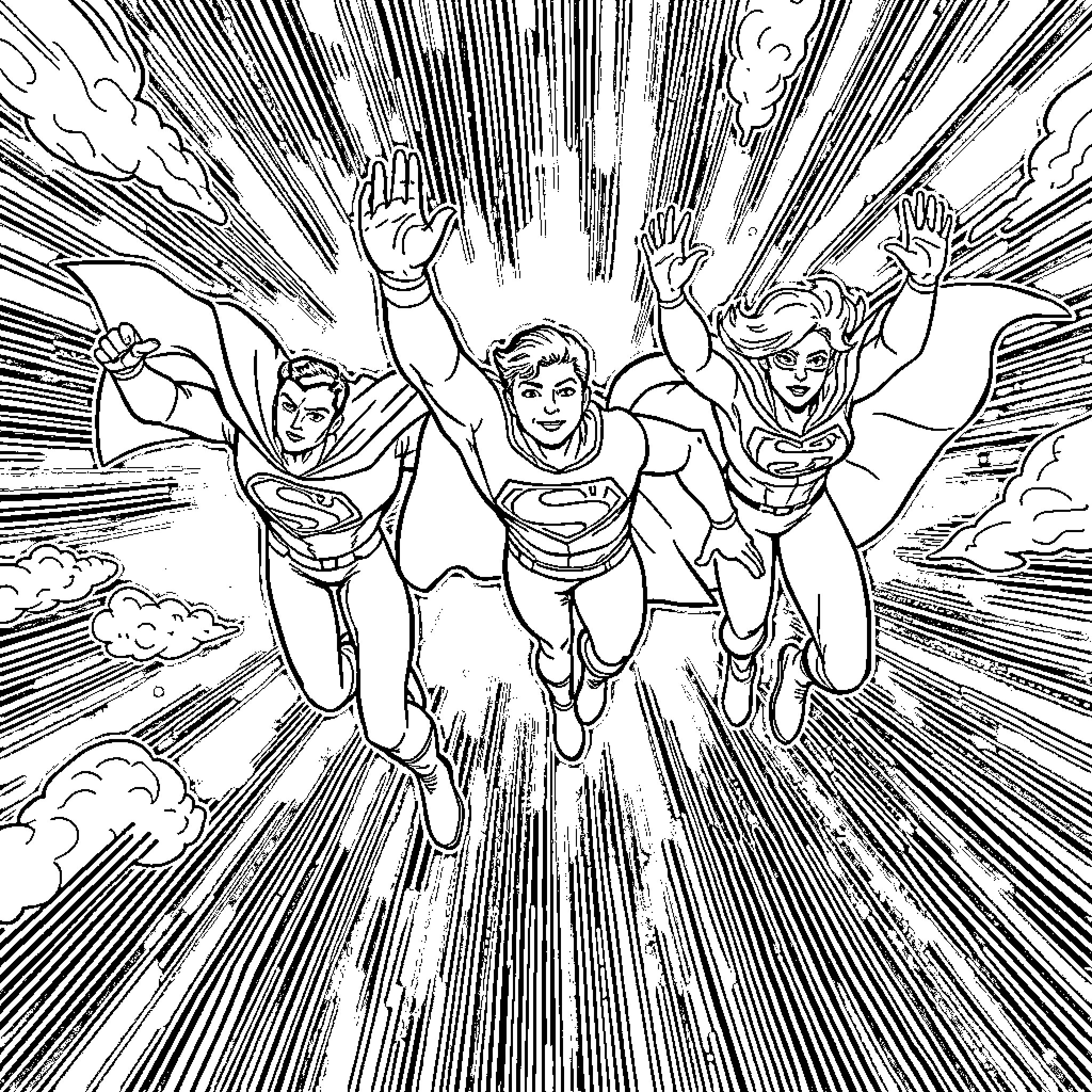 Superhero trio soaring through the sky Coloring Page (free black-and-white line drawing printable PDF for all, from beginners to advanced learners, including children, teens, adults, and seniors)