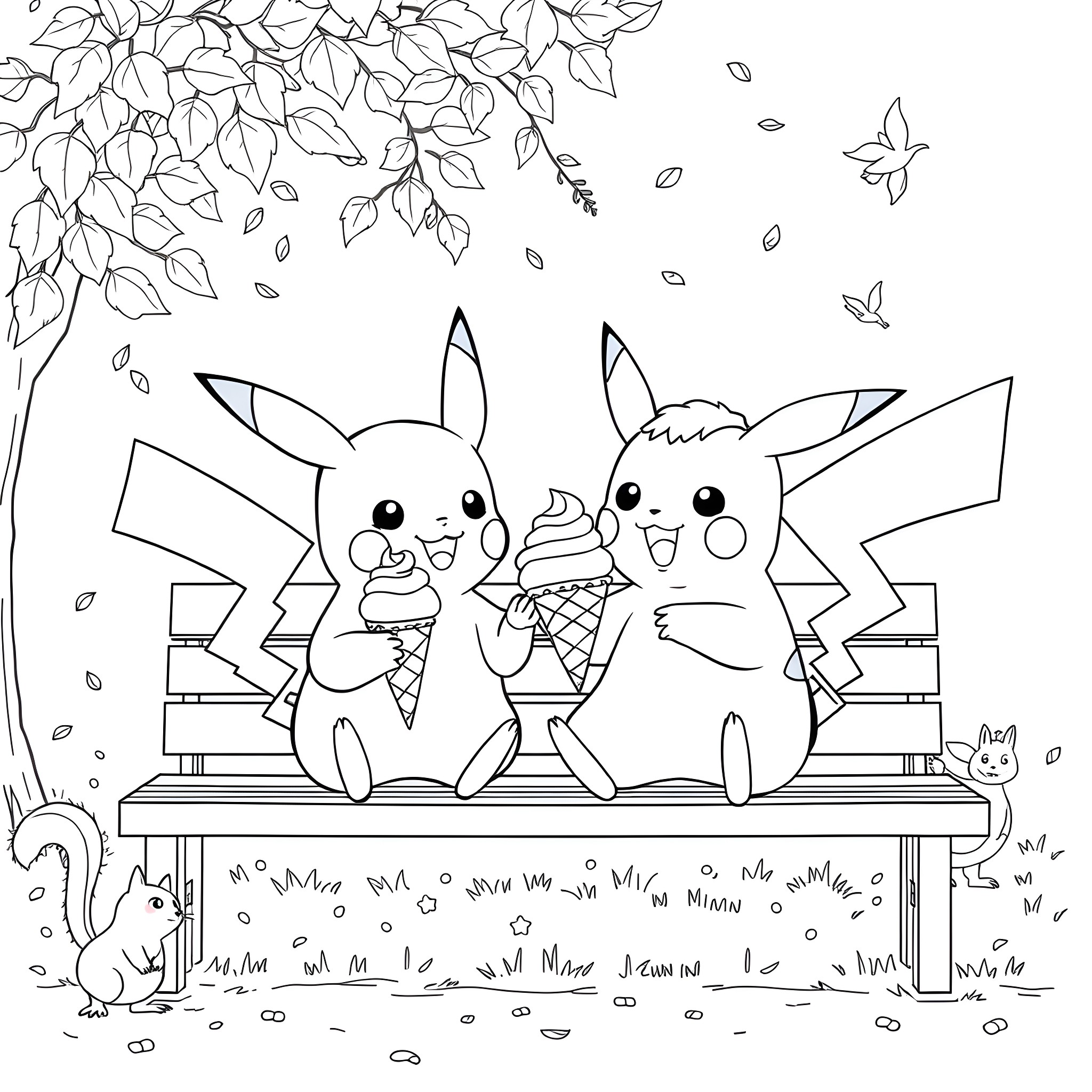 Pikachu enjoying ice cream with friends in the park Coloring Page (free black-and-white line drawing printable PDF for all, from beginners to advanced learners, including children, teens, adults, and seniors)