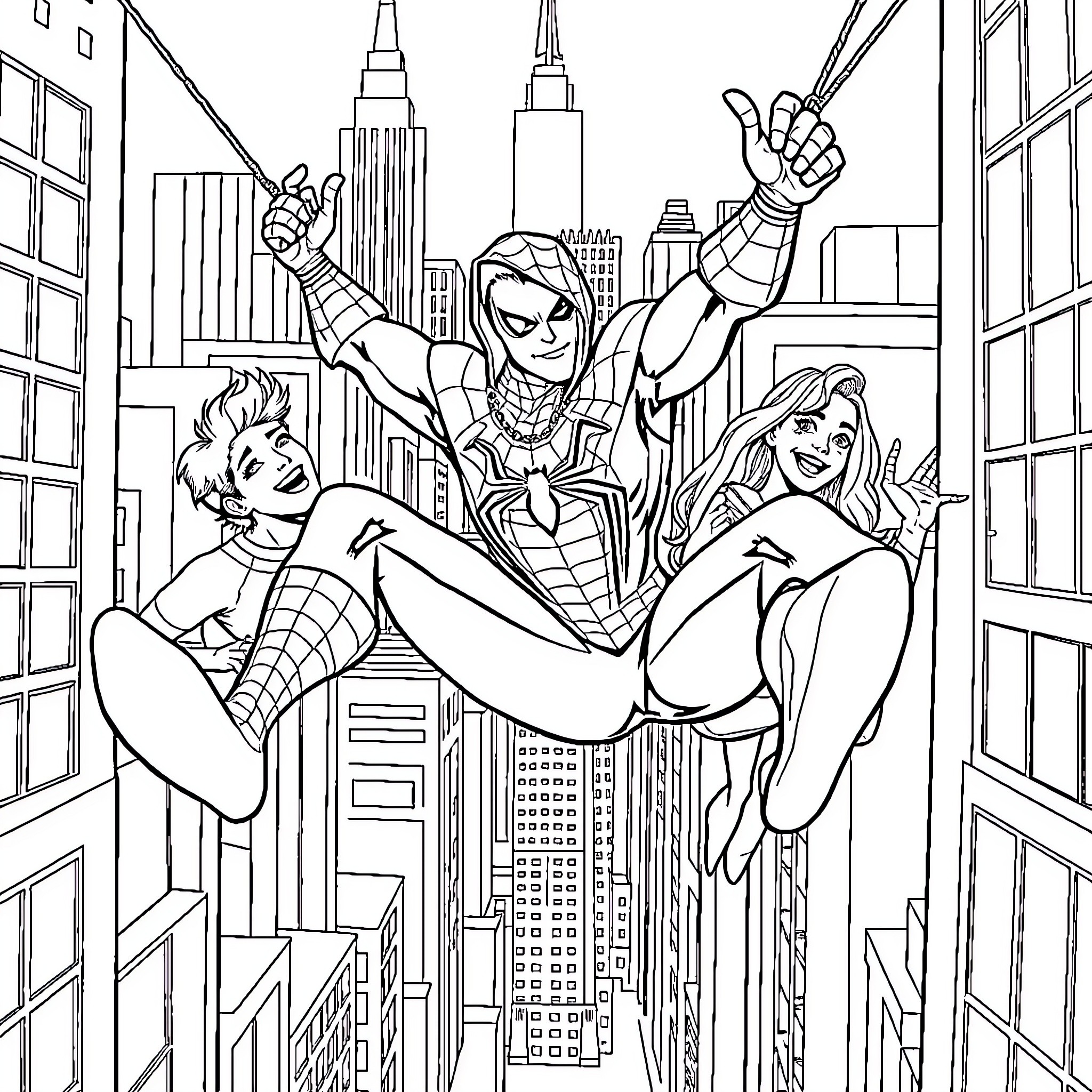 Spider Heroes Saving the City Coloring Page (free black-and-white line drawing printable PDF for all, from beginners to advanced learners, including children, teens, adults, and seniors)