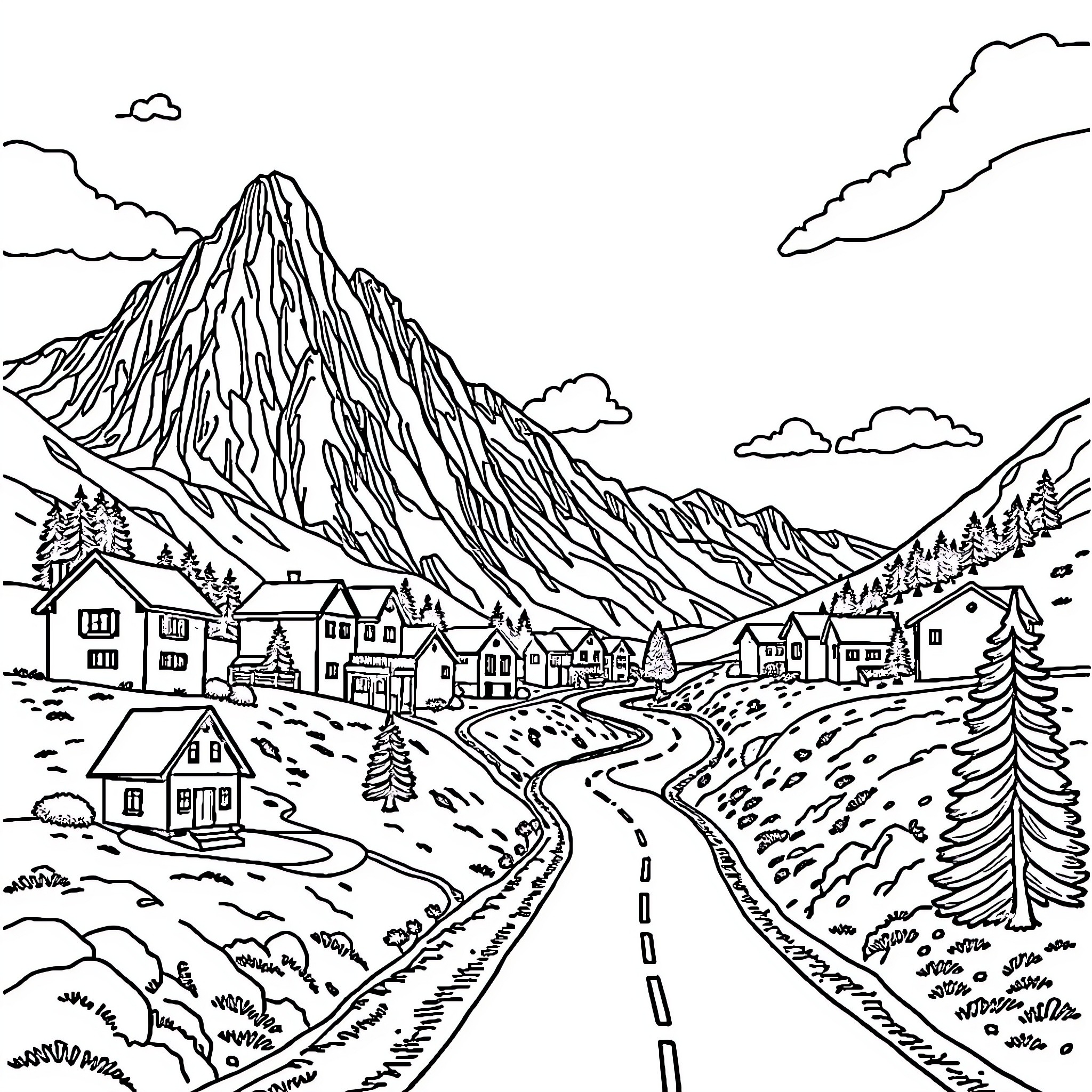 House in a picturesque mountain village Coloring Page (free black-and-white line drawing printable PDF for all, from beginners to advanced learners, including children, teens, adults, and seniors)