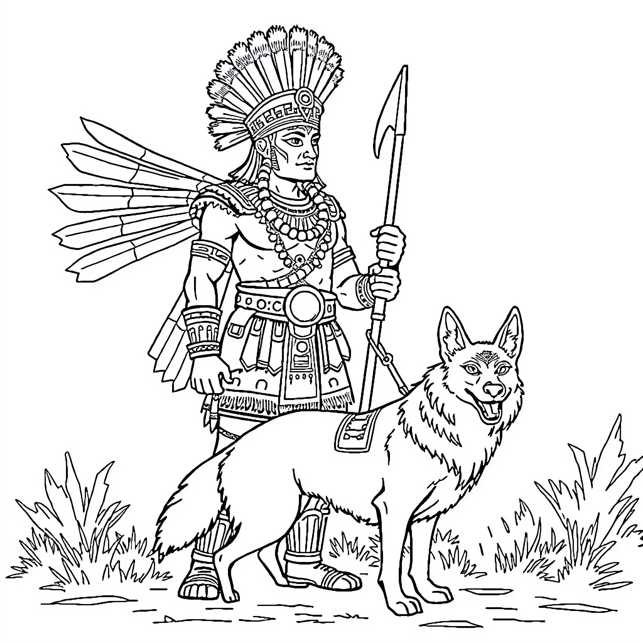 Aztec Warrior with Wolf Companion Coloring Page (free black-and-white line drawing printable PDF for all, from beginners to advanced learners, including children, teens, adults, and seniors)
