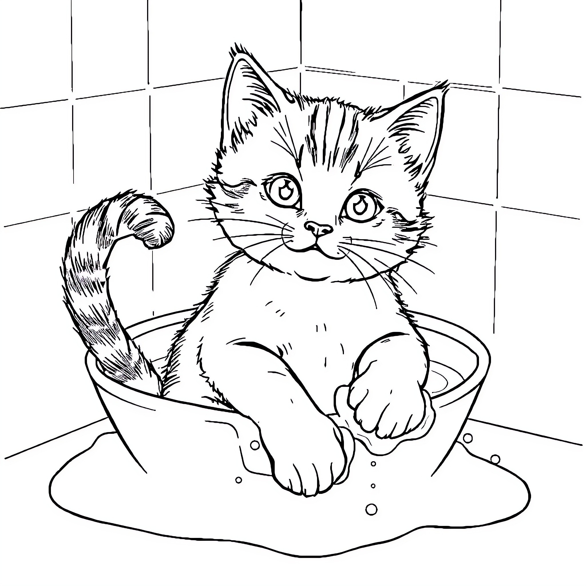 Cat in a Bathtub Coloring Page (free black-and-white line drawing printable PDF for all, from beginners to advanced learners, including children, teens, adults, and seniors)