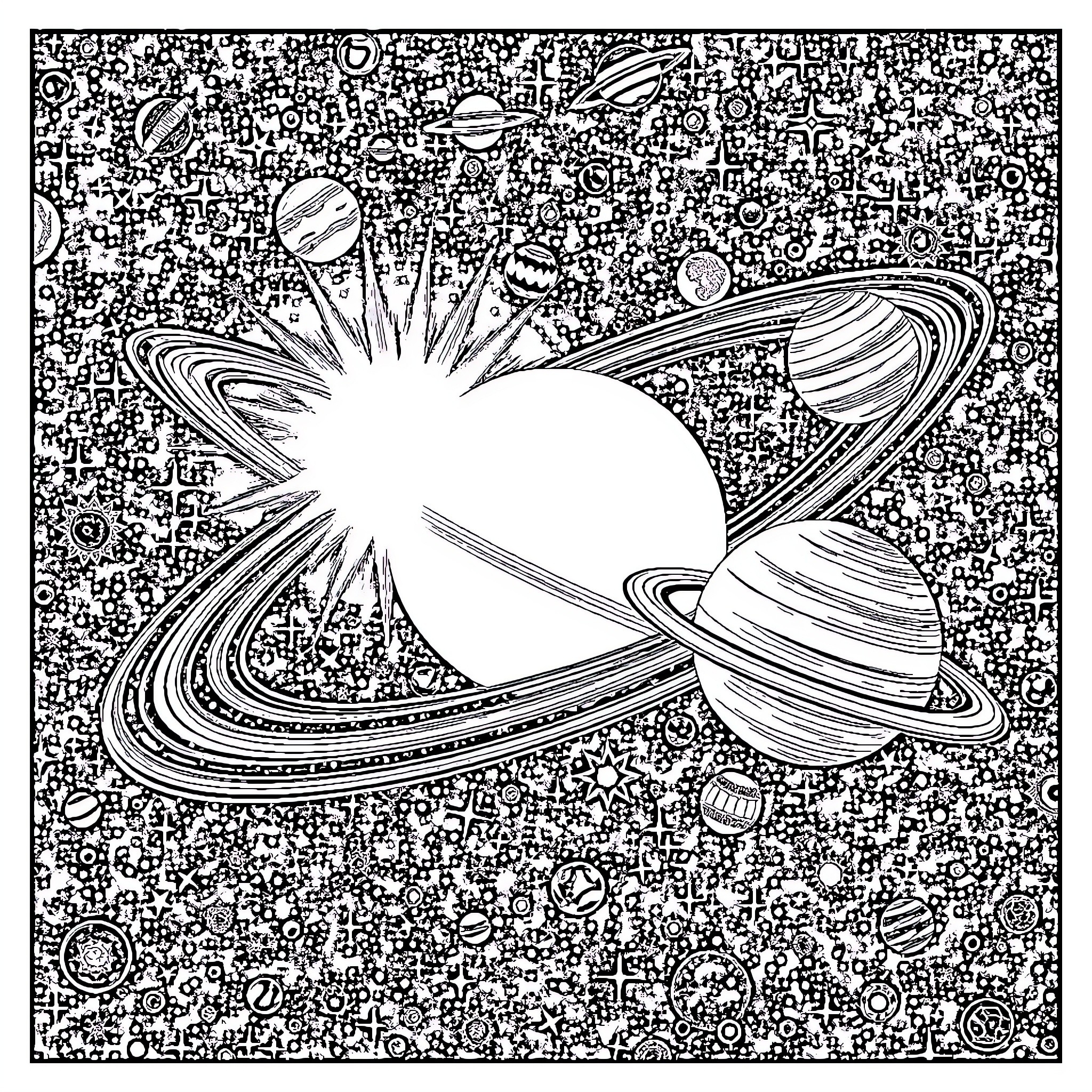 Solar System Filled with Cosmic Wonders Coloring Page (free black-and-white line drawing printable PDF for all, from beginners to advanced learners, including children, teens, adults, and seniors)