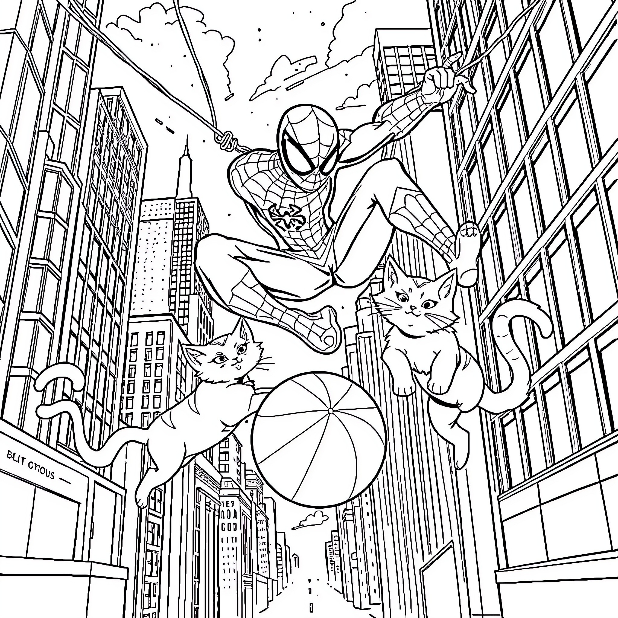Spiderman swinging through the city with cats Coloring Page (free black-and-white line drawing printable PDF for all, from beginners to advanced learners, including children, teens, adults, and seniors)