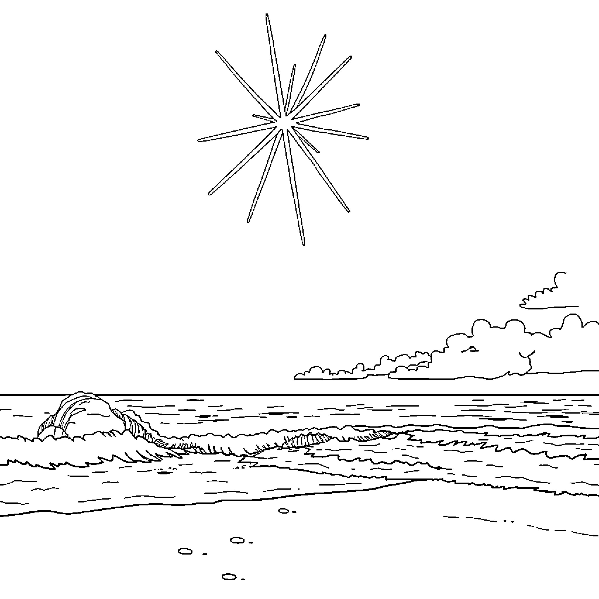 Rainbow over serene ocean waves Coloring Page (free black-and-white line drawing printable PDF for all, from beginners to advanced learners, including children, teens, adults, and seniors)
