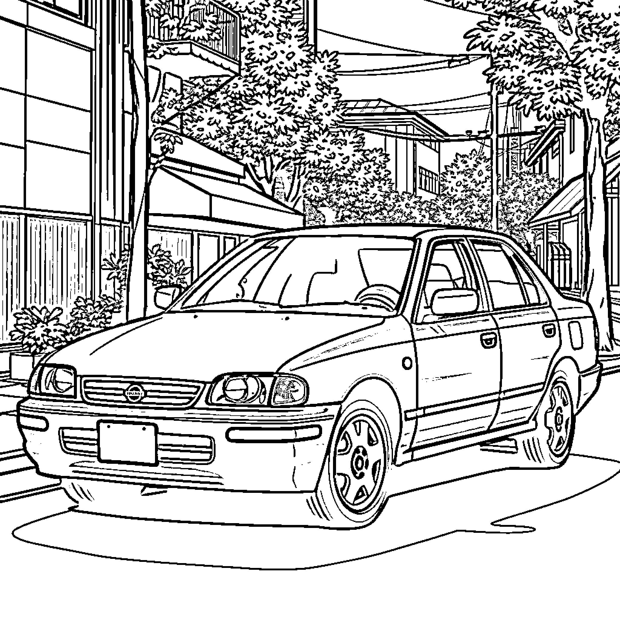 Nissan sedan parked on a rural street Coloring Page (free black-and-white line drawing printable PDF for all, from beginners to advanced learners, including children, teens, adults, and seniors)