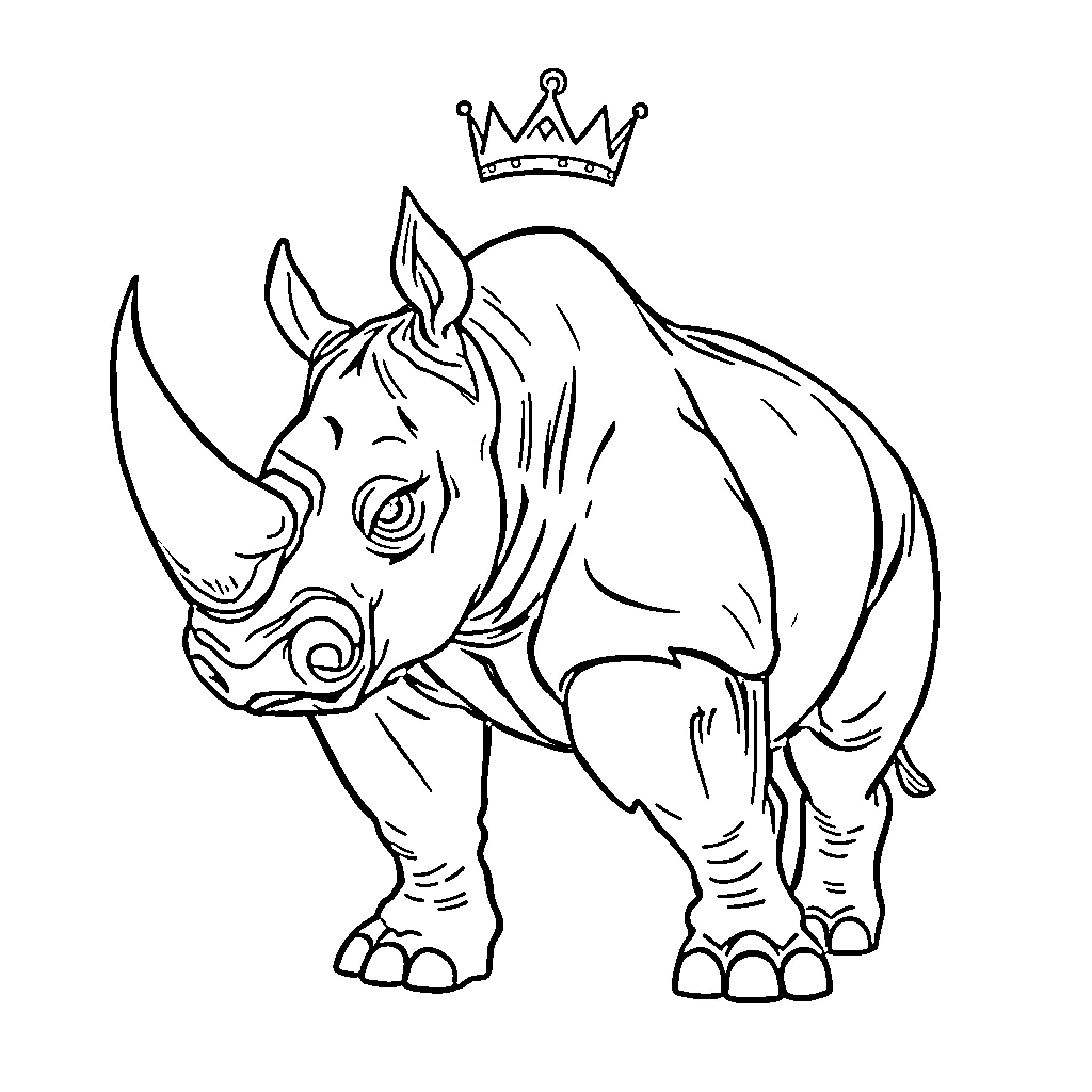 Rhino wearing a crown stands proudly Coloring Page (free black-and-white line drawing printable PDF for all, from beginners to advanced learners, including children, teens, adults, and seniors)